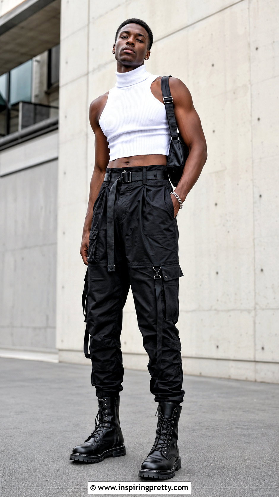 White Sleeveless Turtleneck Crop Top With Black Cargo Pants - 20 sleeveless turtleneck crop top men outfit ideas