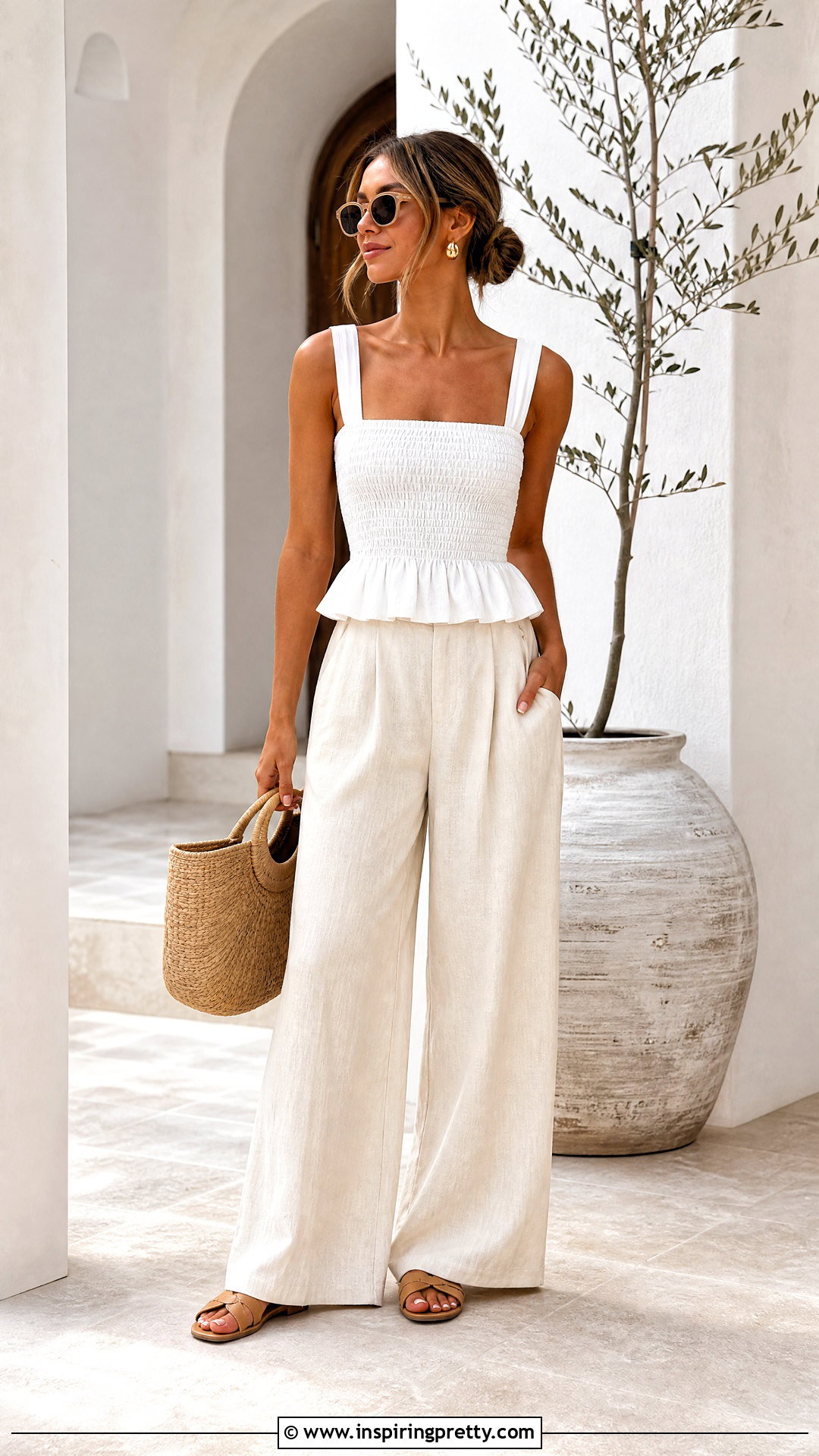 White Smocked Top With White Wide Leg Pants - 20 Smocked Top Fashion Trend outfit ideas