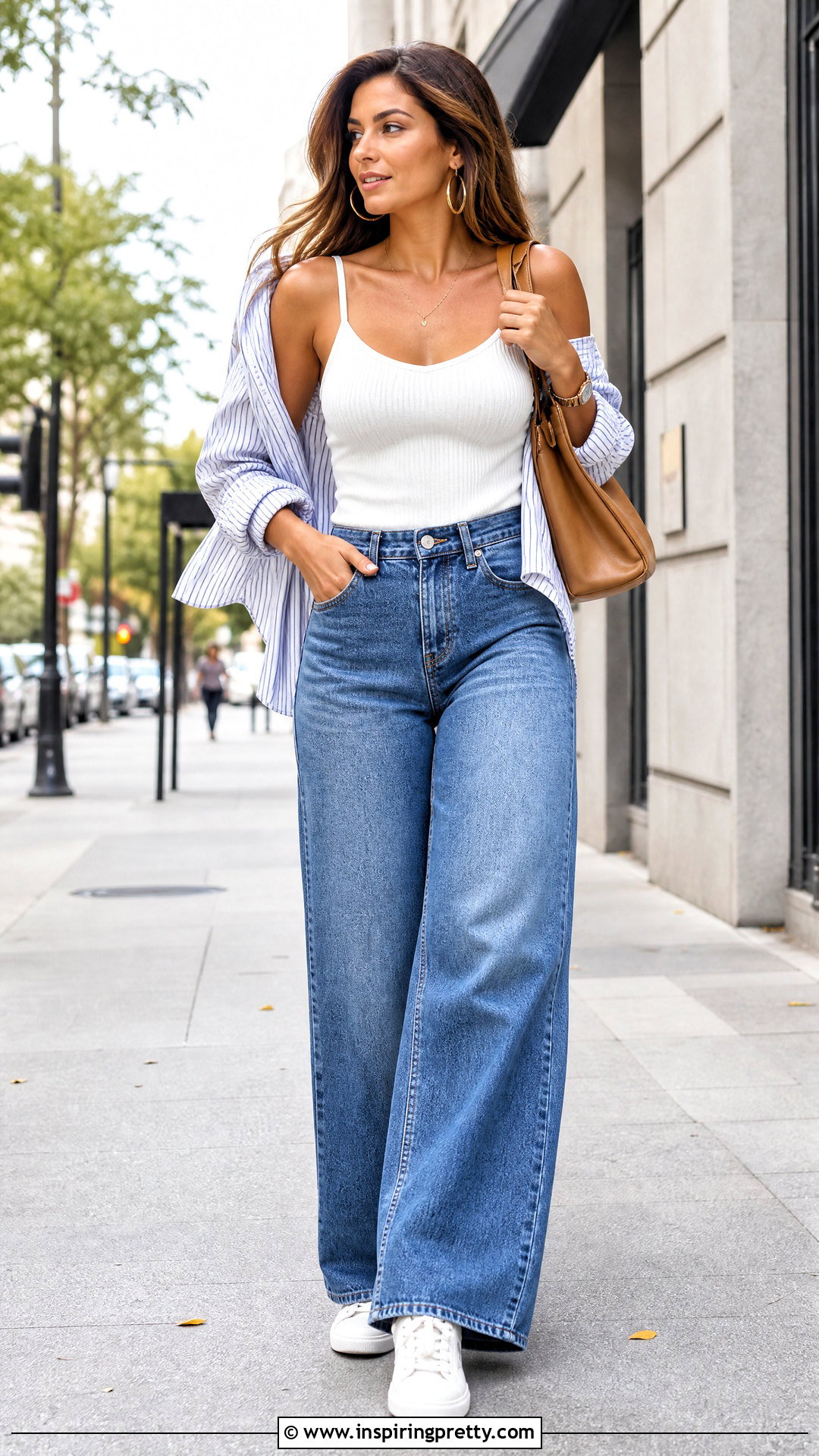 White Spaghetti Top With Wide Leg Jeans - 50 spaghetti top outfit ideas