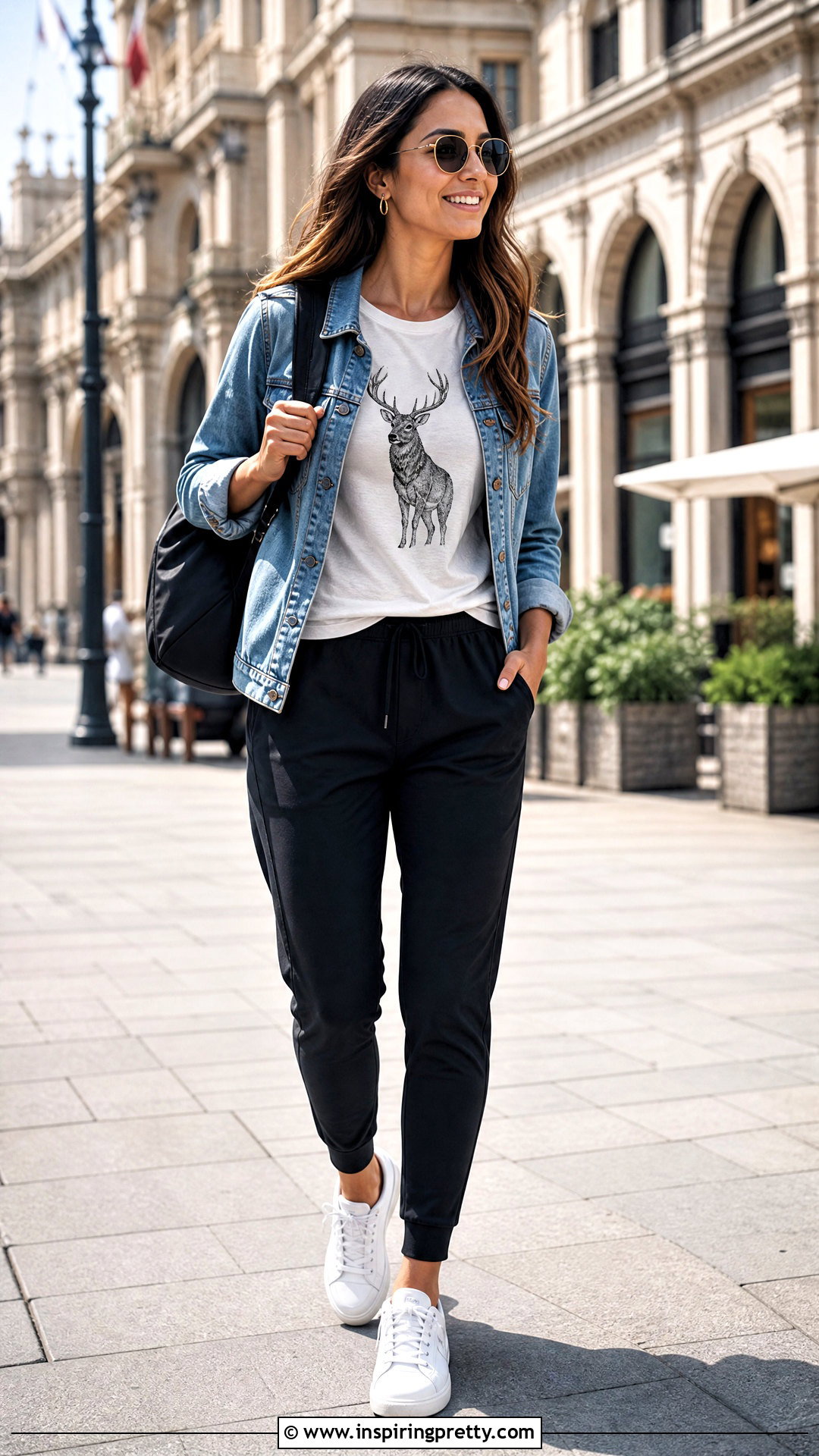 White Stag Graphic Top With Denim Jacket and Joggers - 20 White Stag Tops outfit ideas