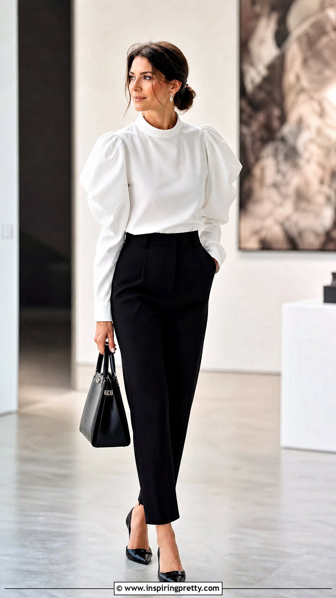 White Statement Sleeve Top With Black Pants - 50 white top outfit ideas