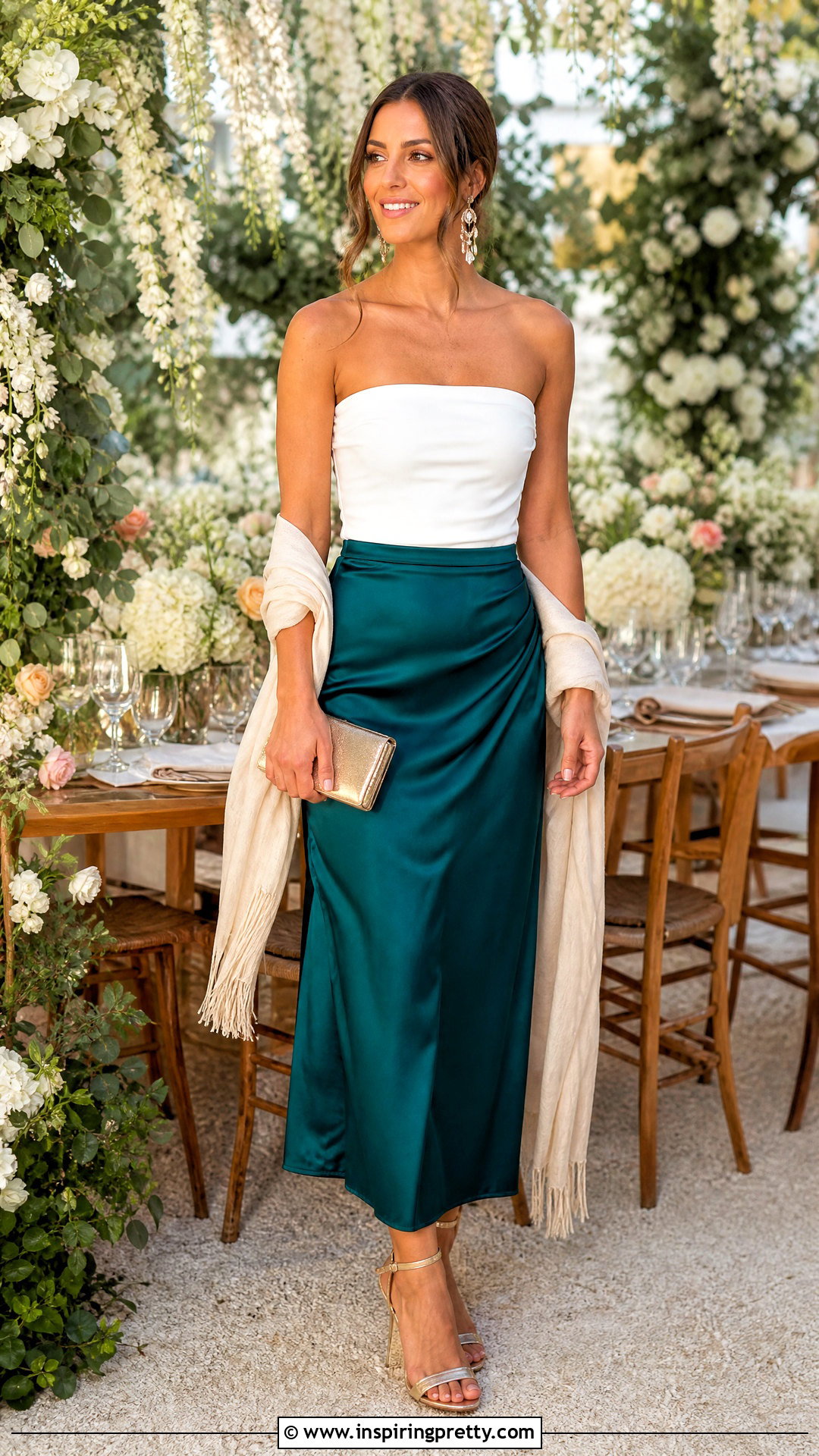 White Strapless Top With Wedding Guest Satin Skirt - 50 white strapless top outfit ideas