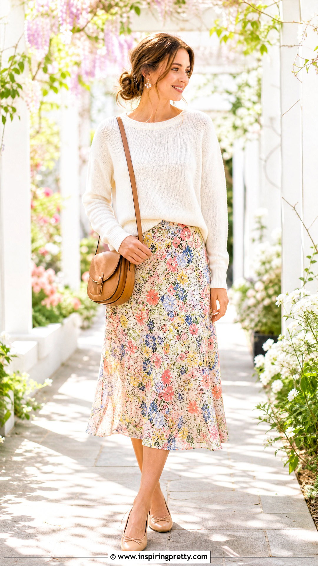 White Sweater And Floral Midi Skirt Outfit - 50 white top and skirt outfit ideas