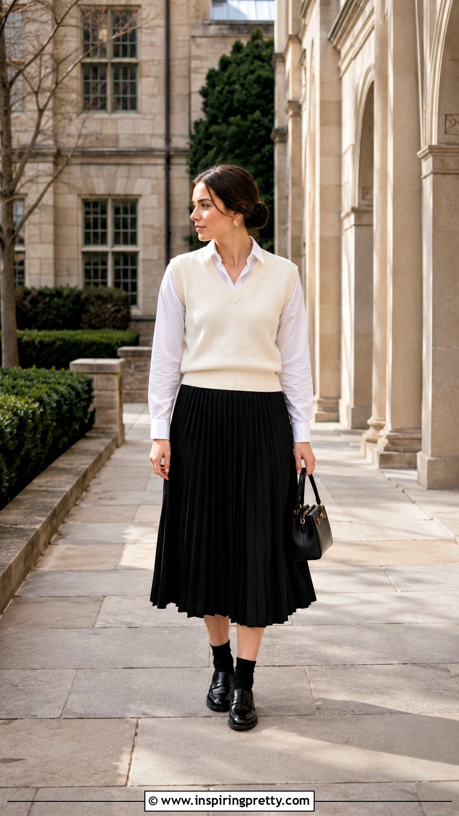 White Sweater Vest With Black Midi Skirt - 50 black and white top outfit ideas