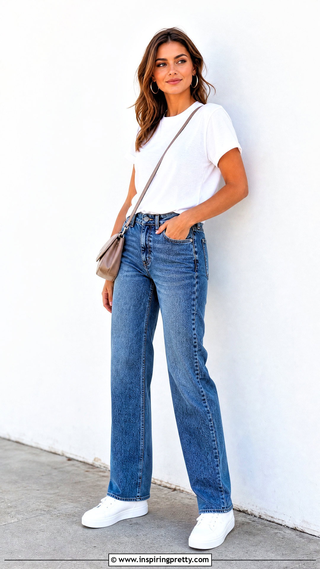 White T Shirt And Straight Leg Jeans Standing Pose - 50 Poses In Jeans Top Aesthetic Ideas