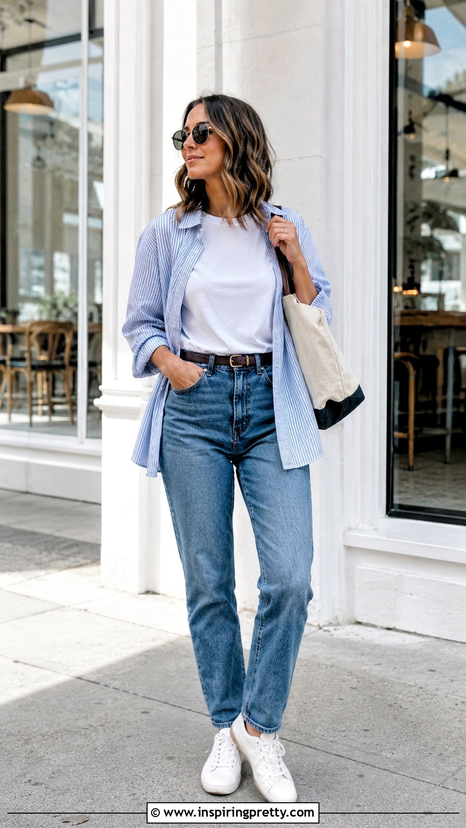 White T Shirt Layering Top With Striped Button Down And Jeans - 20 Layering Tops For Spring Ideas