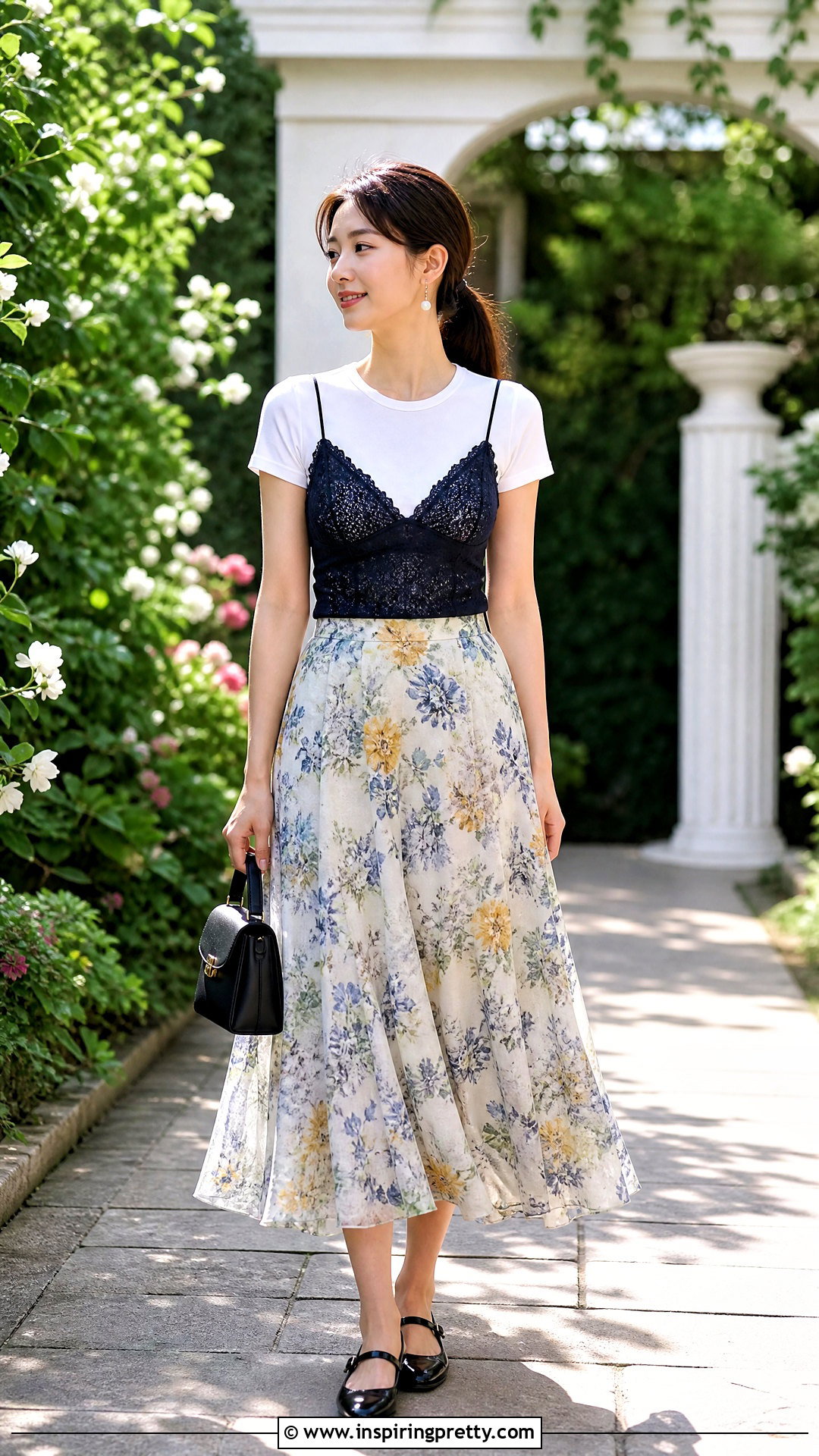 White T Shirt Under Lace Spaghetti Strap Top With Midi Skirt - 20 t shirt under spaghetti strap top outfit ideas