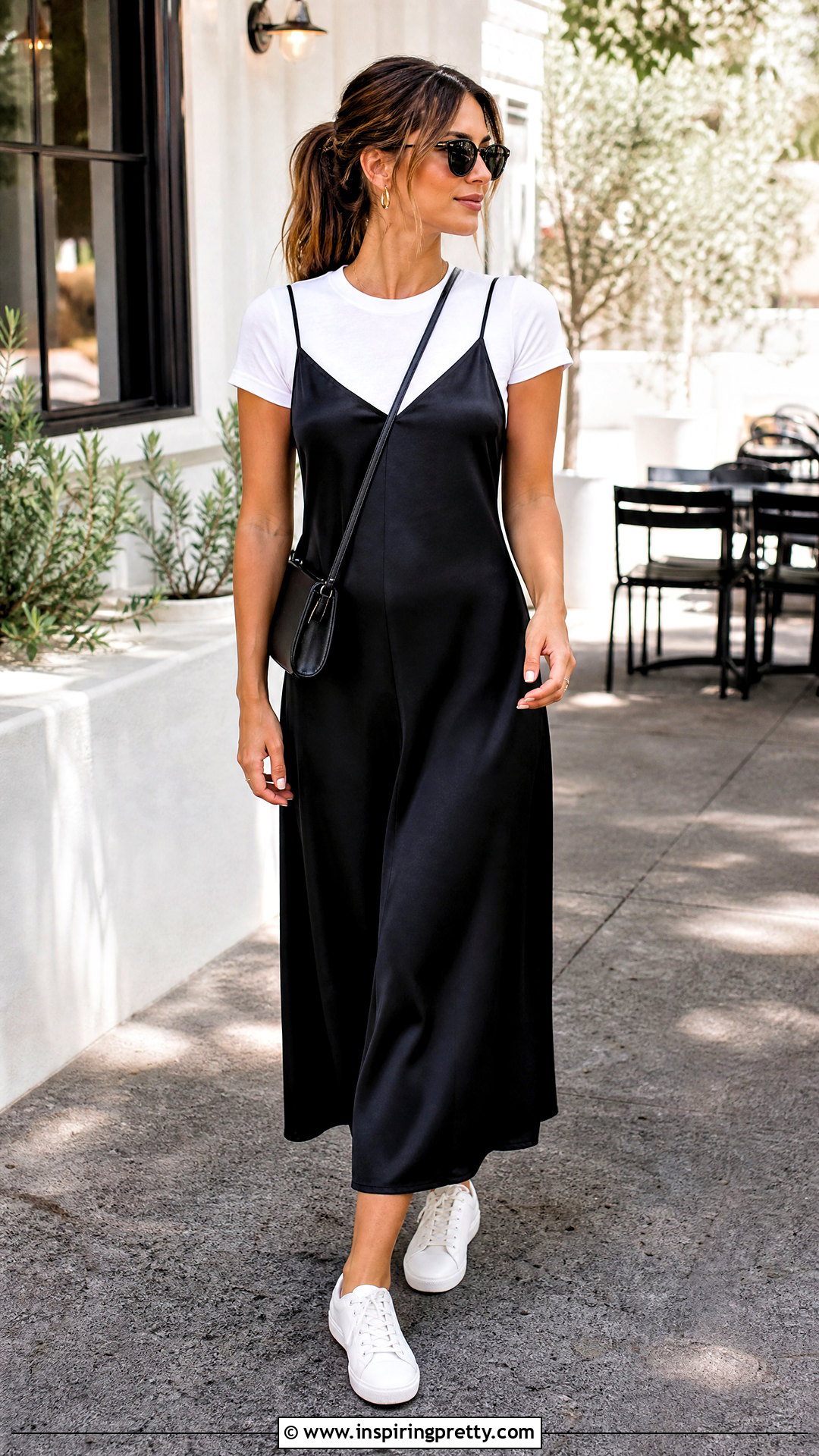 White T Shirt Under a Slip Dress With Sneakers - 50 cute white tops outfit ideas