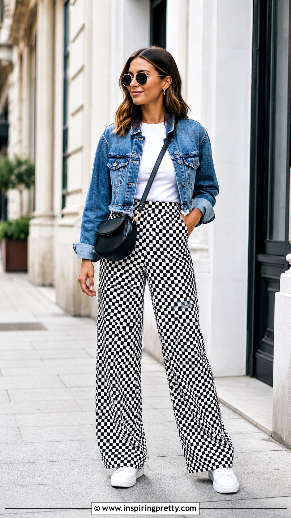 White T Shirt With Black And White Checkered Pants - 25 Tops To Wear With Black And White Checkered Pants