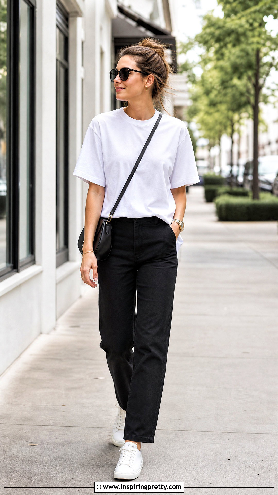 White T Shirt With Black Straight Leg Pants - 50 white top and black pants outfit ideas