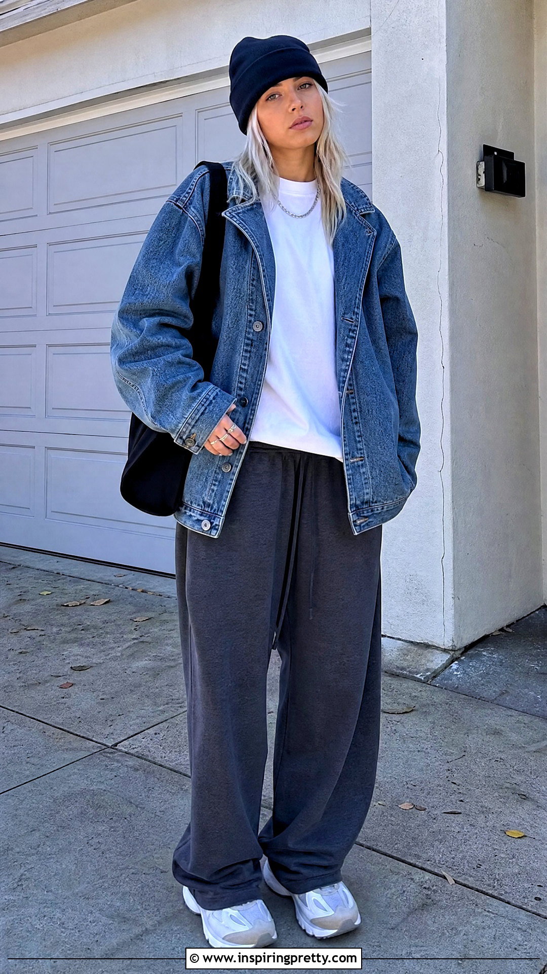 White T Shirt With Denim Jacket And Sweatpants - 25 Billie Eilish White Top outfit ideas