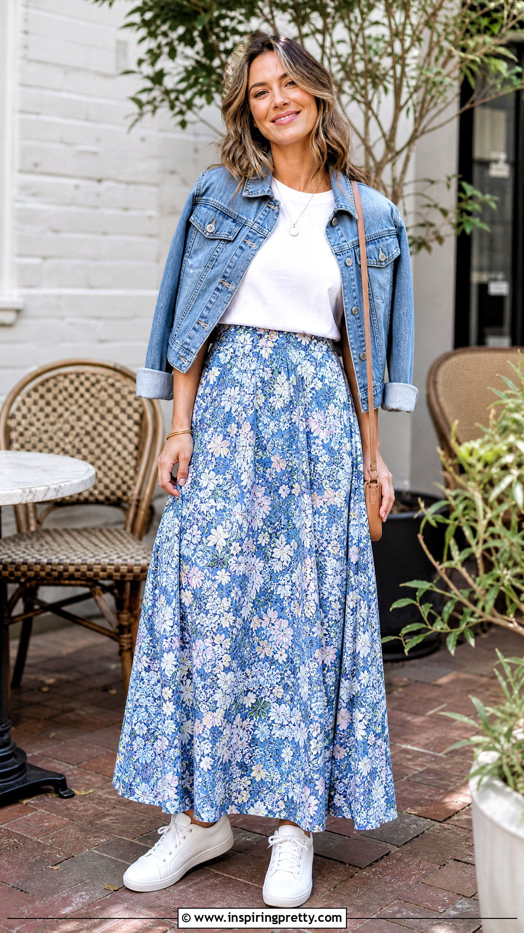 White T Shirt With Floral Maxi Skirt - 25 top with flowy bottom outfits