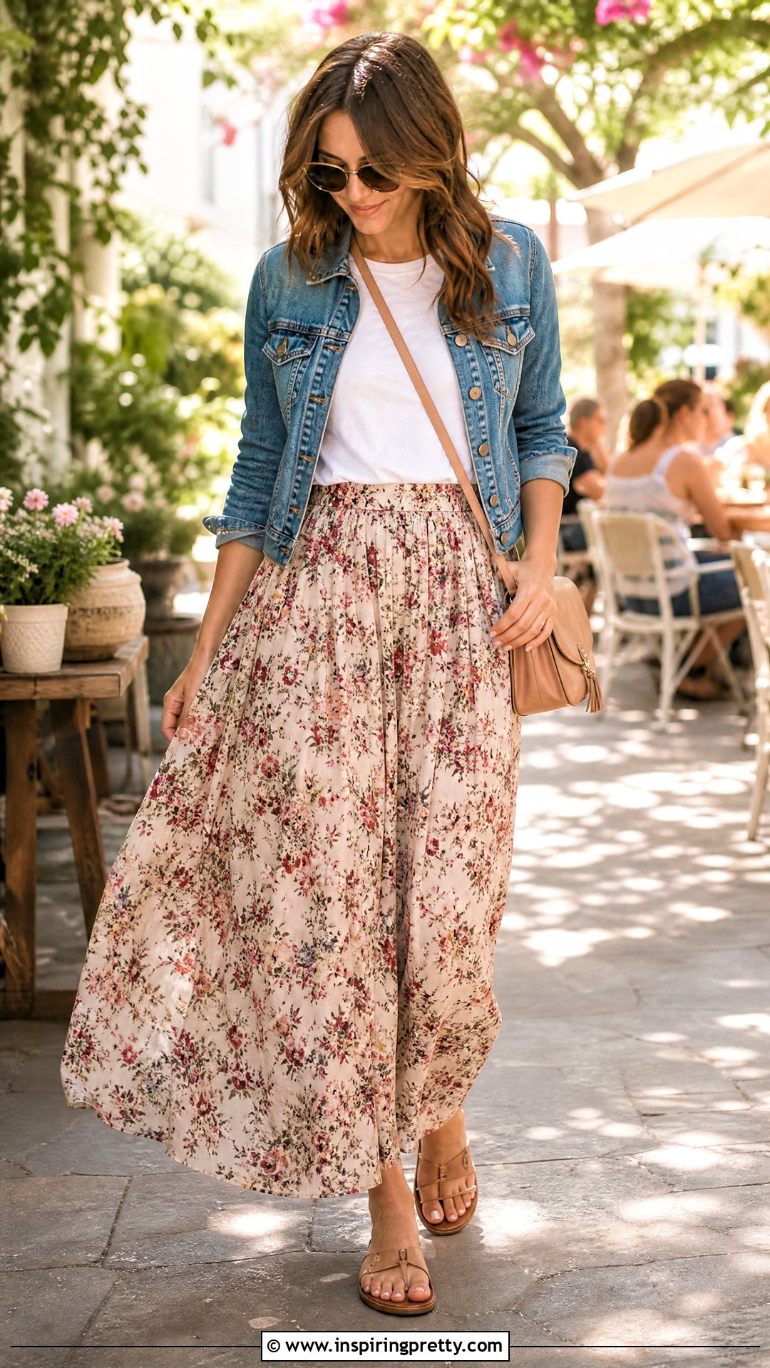 White T Shirt With Floral Maxi Skirt - 50 white top outfit casual ideas