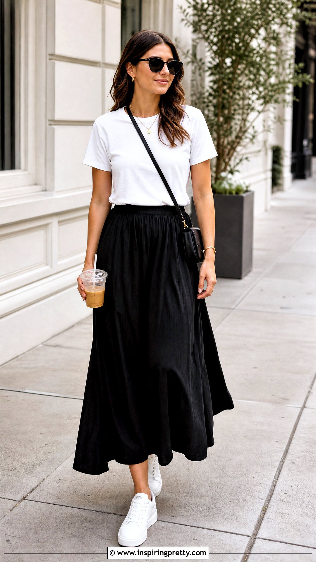 White T Shirt With Long Black Skirt And Sneakers - 25 Tops To Go With Long Black Skirts