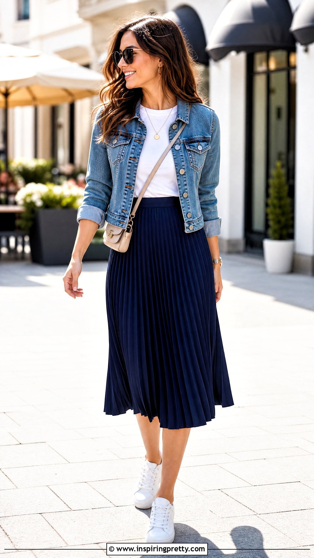 White T Shirt With Pleated Midi Skirt - 50 white top outfit casual ideas