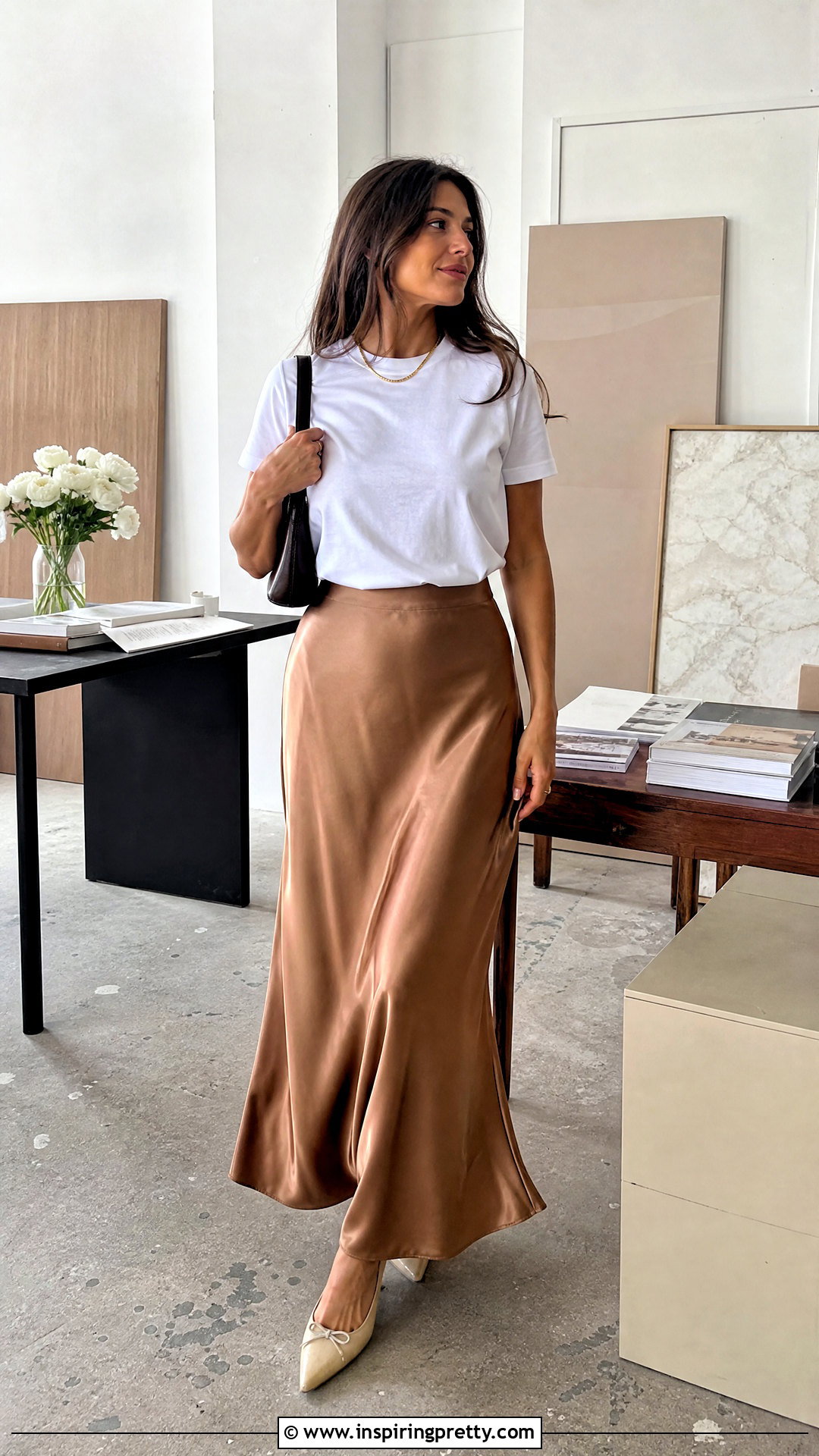 White T Shirt With Satin Maxi Skirt - 50 classy white top outfits