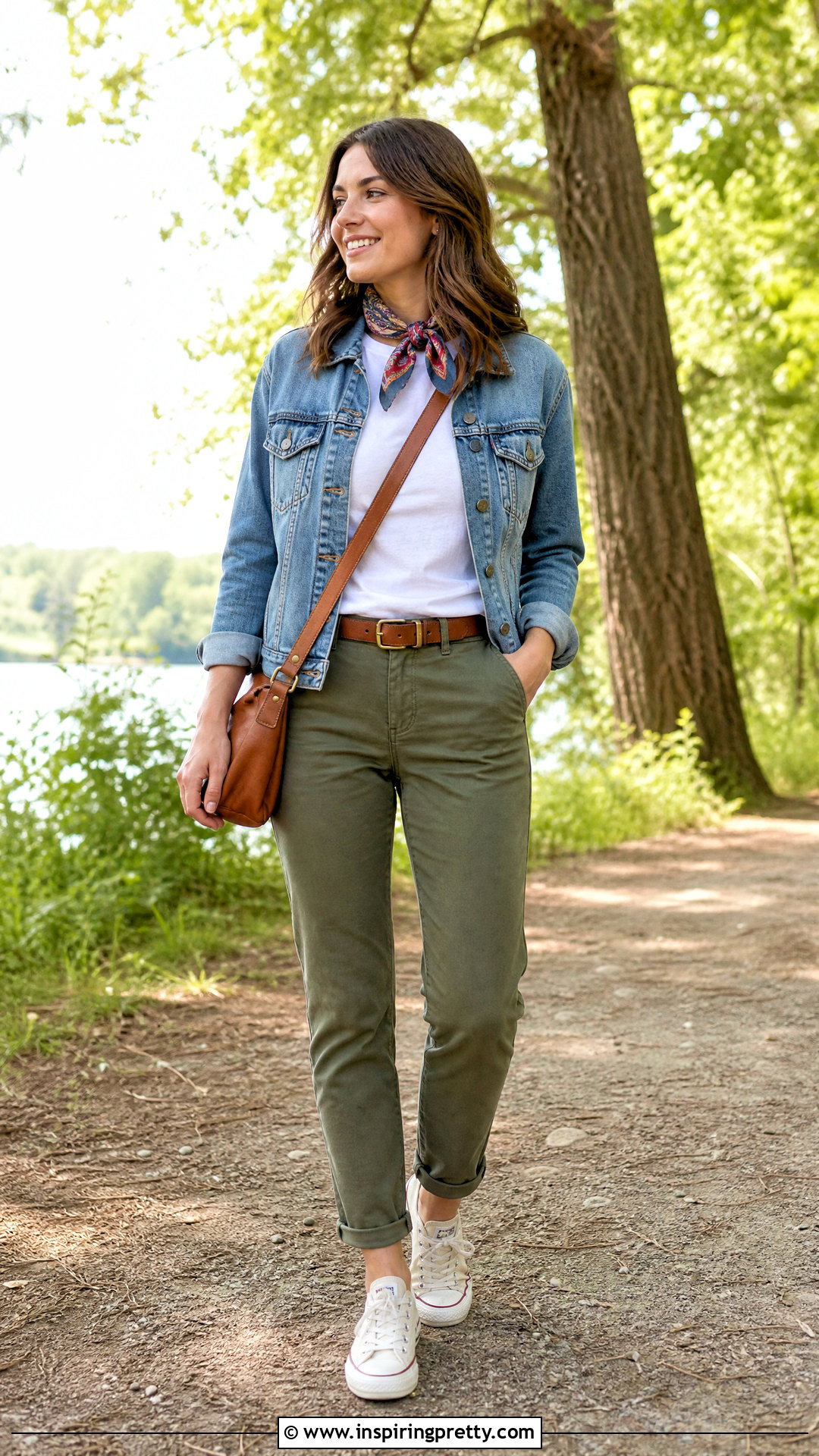 White T Shirt With a Denim Jacket and Chinos - 50 cute white tops outfit ideas