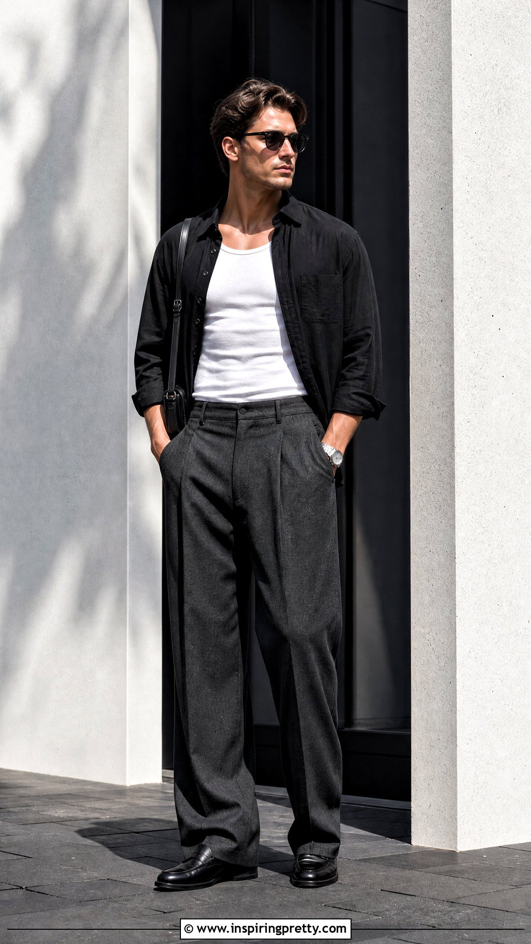 White Tank Top And Black Button Up Shirt With Wide Leg Pants - 25 Tank Top And Button Up Shirt Men outfit ideas
