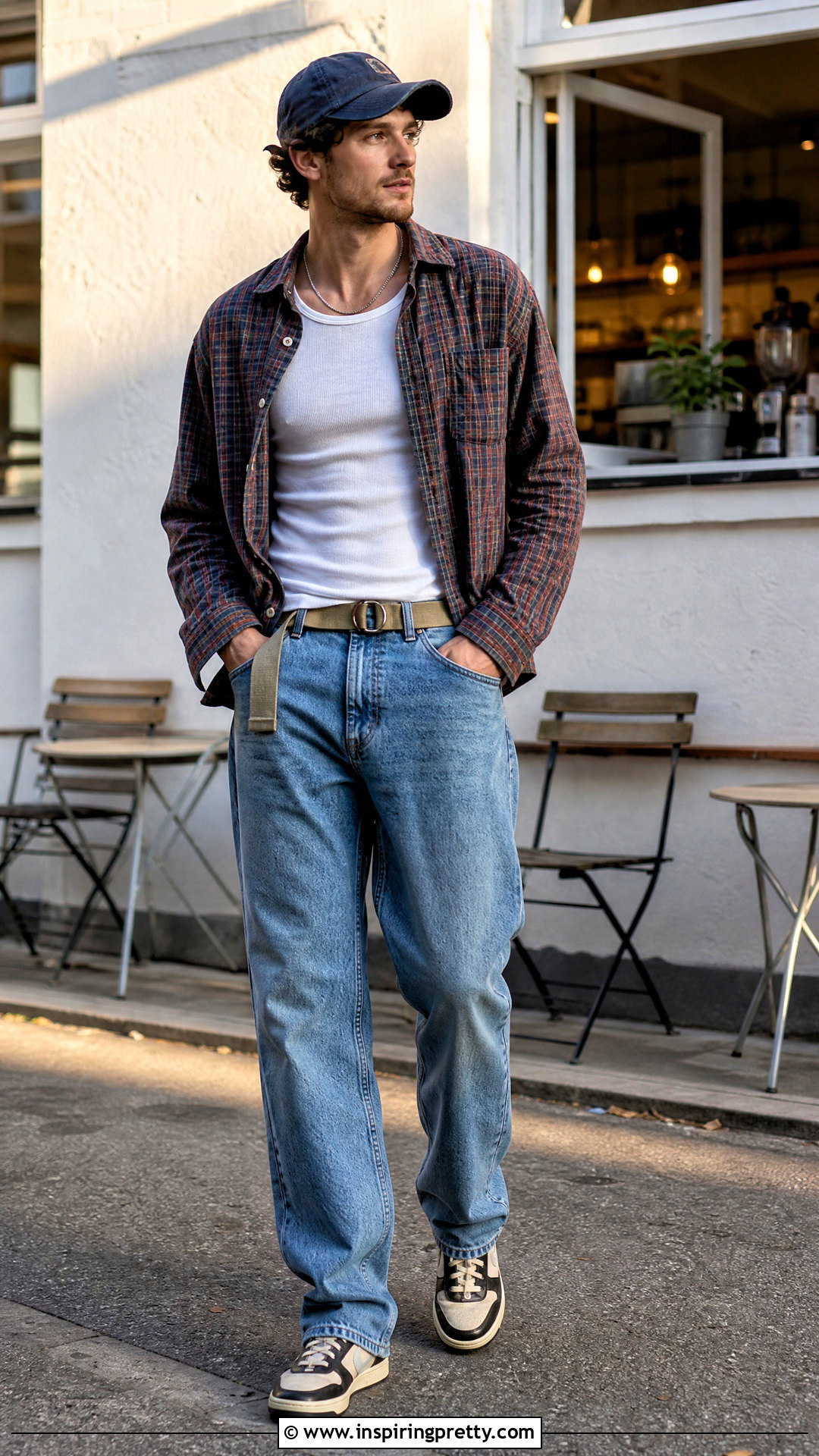 White Tank Top And Plaid Button Up Shirt With Relaxed Jeans - 25 Tank Top And Button Up Shirt Men outfit ideas