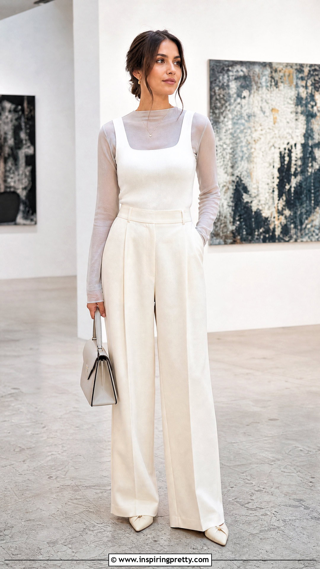 White Tank Top Over Sheer Shirt With Wide Leg Pants - 50 tank top over shirt outfits