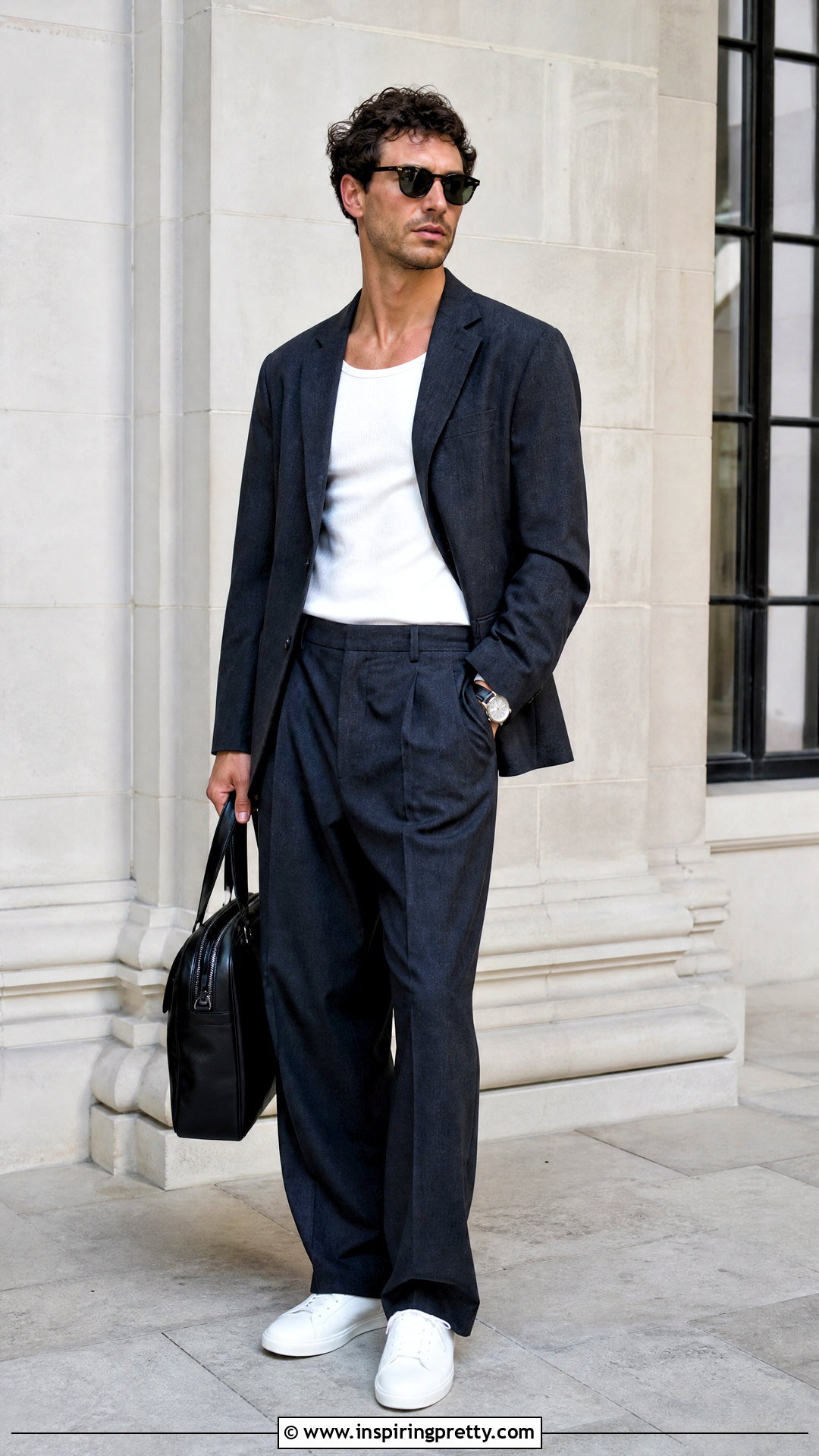 White Tank Top With A Relaxed Suit And Sneakers - 20 Unisex White Tank Top outfit ideas
