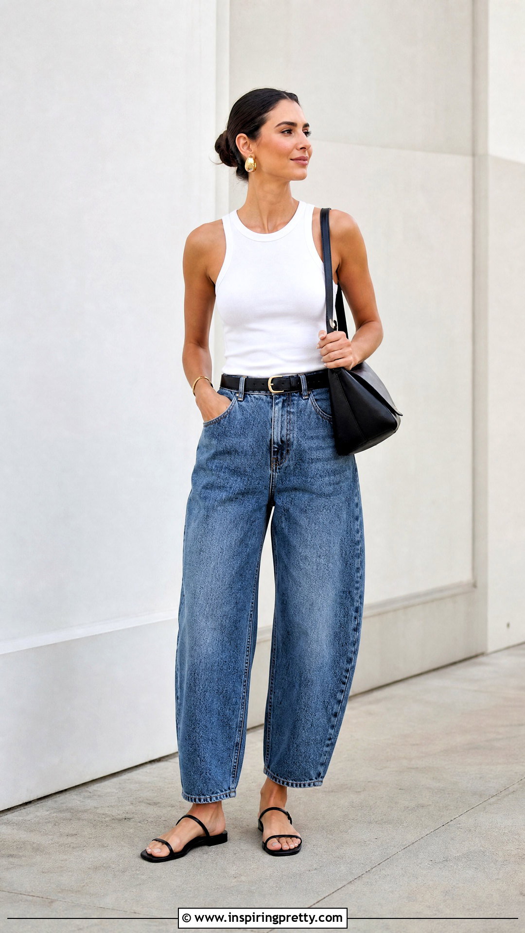 White Tank Top With Barrel Jeans Outfit - 50 aesthetic tops outfit ideas