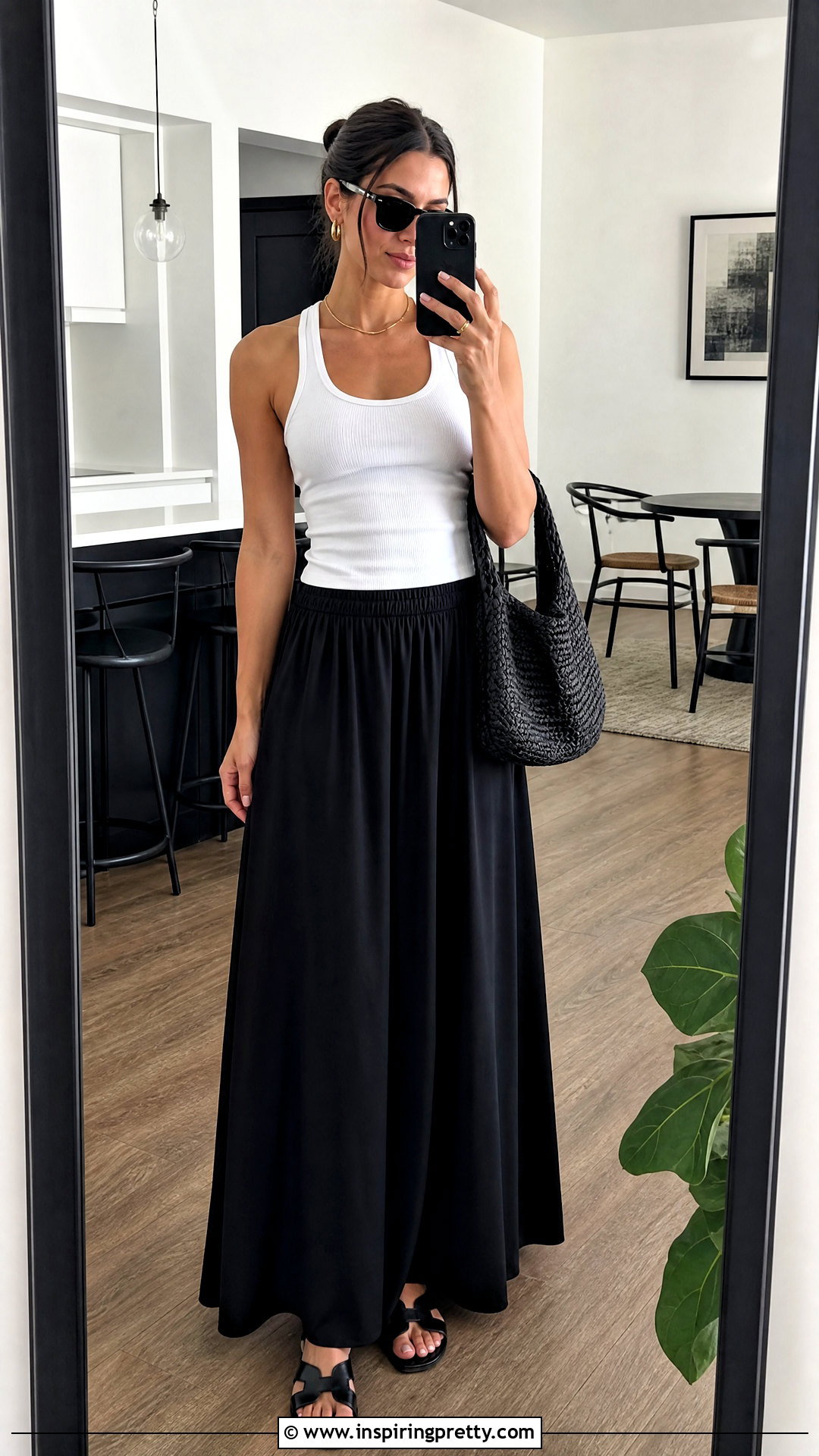 White Tank Top With Black Maxi Skirt - 50 selfie tank top outfit ideas