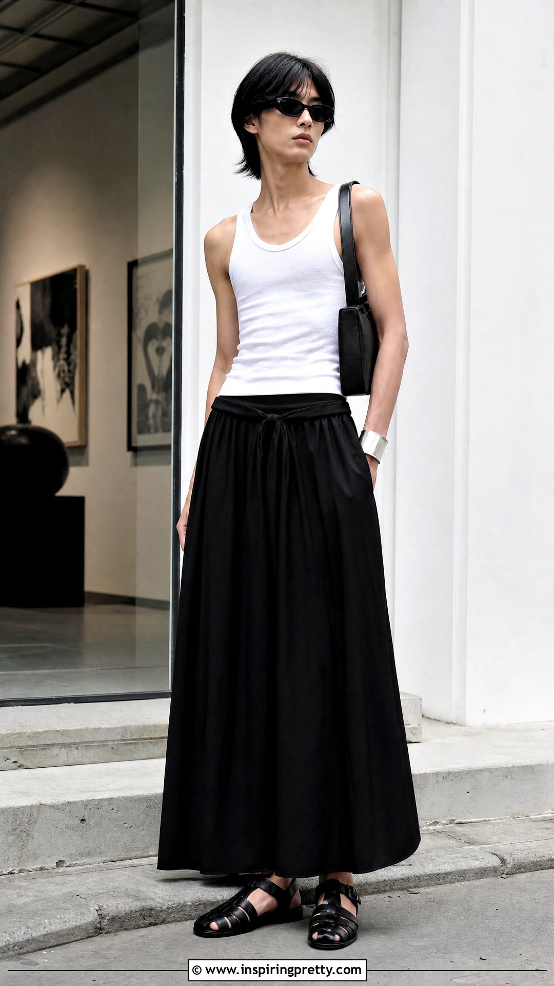White Tank Top With Black Maxi Skirt And Sandals - 20 Unisex White Tank Top outfit ideas