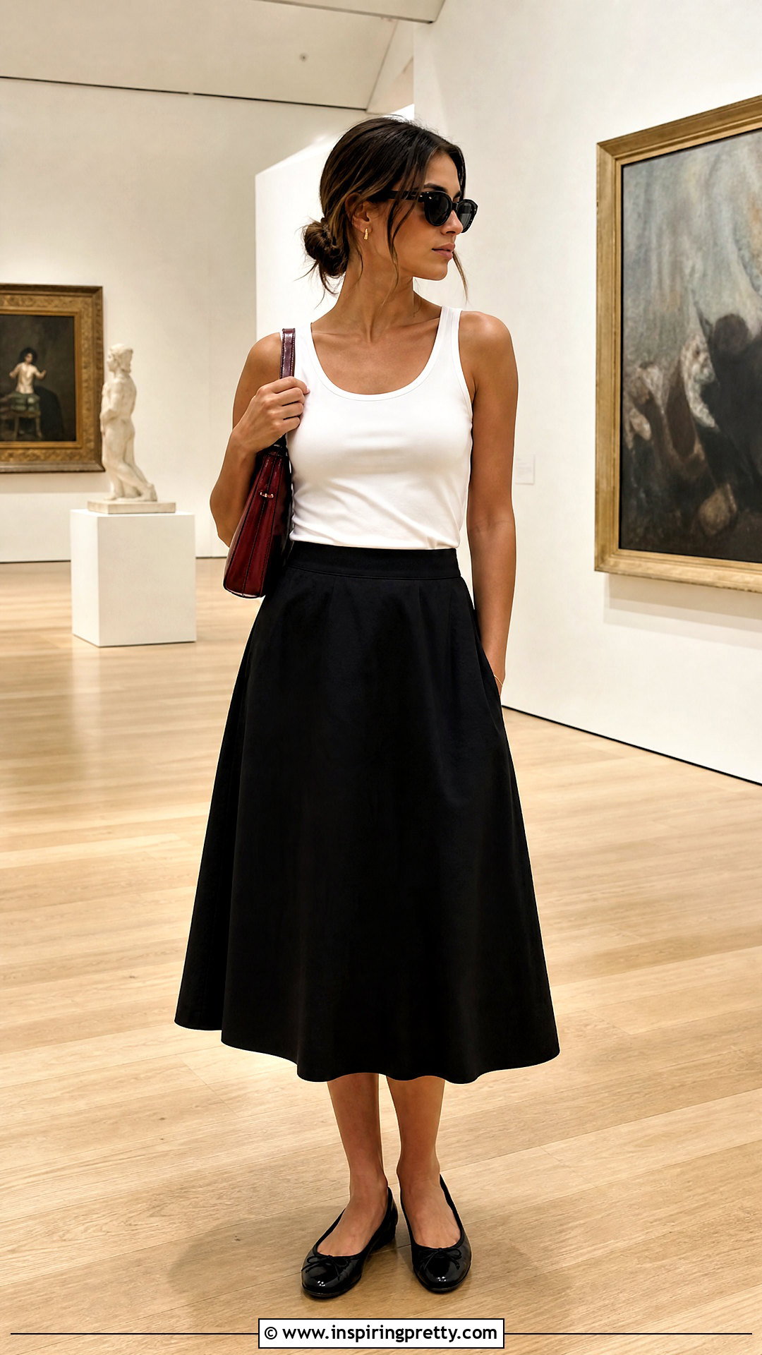 White Tank Top With Black Midi Skirt - 20 White Tank Top On Wooden Floor outfit ideas