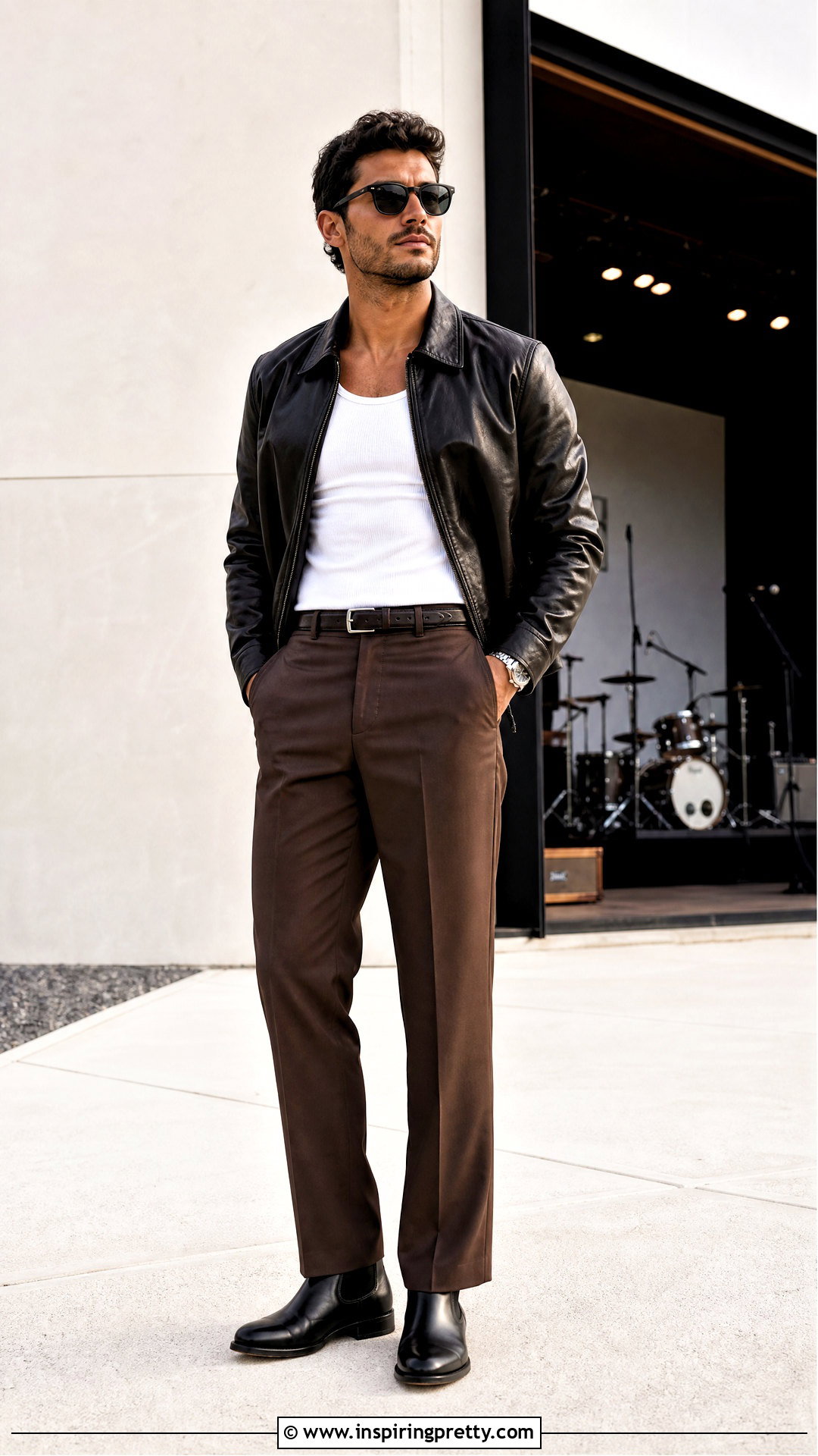 White Tank Top With Brown Dress Pants And Leather Jacket - 25 Tank Top And Dress Pants Men