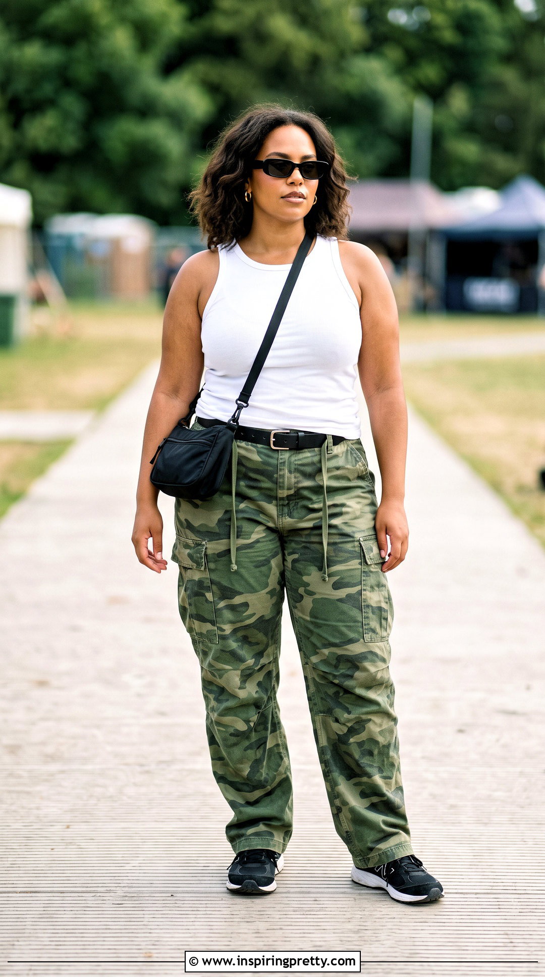 White Tank Top With Camo Cargo Pants And Black Sneakers - 25 baddie white tank top outfit ideas