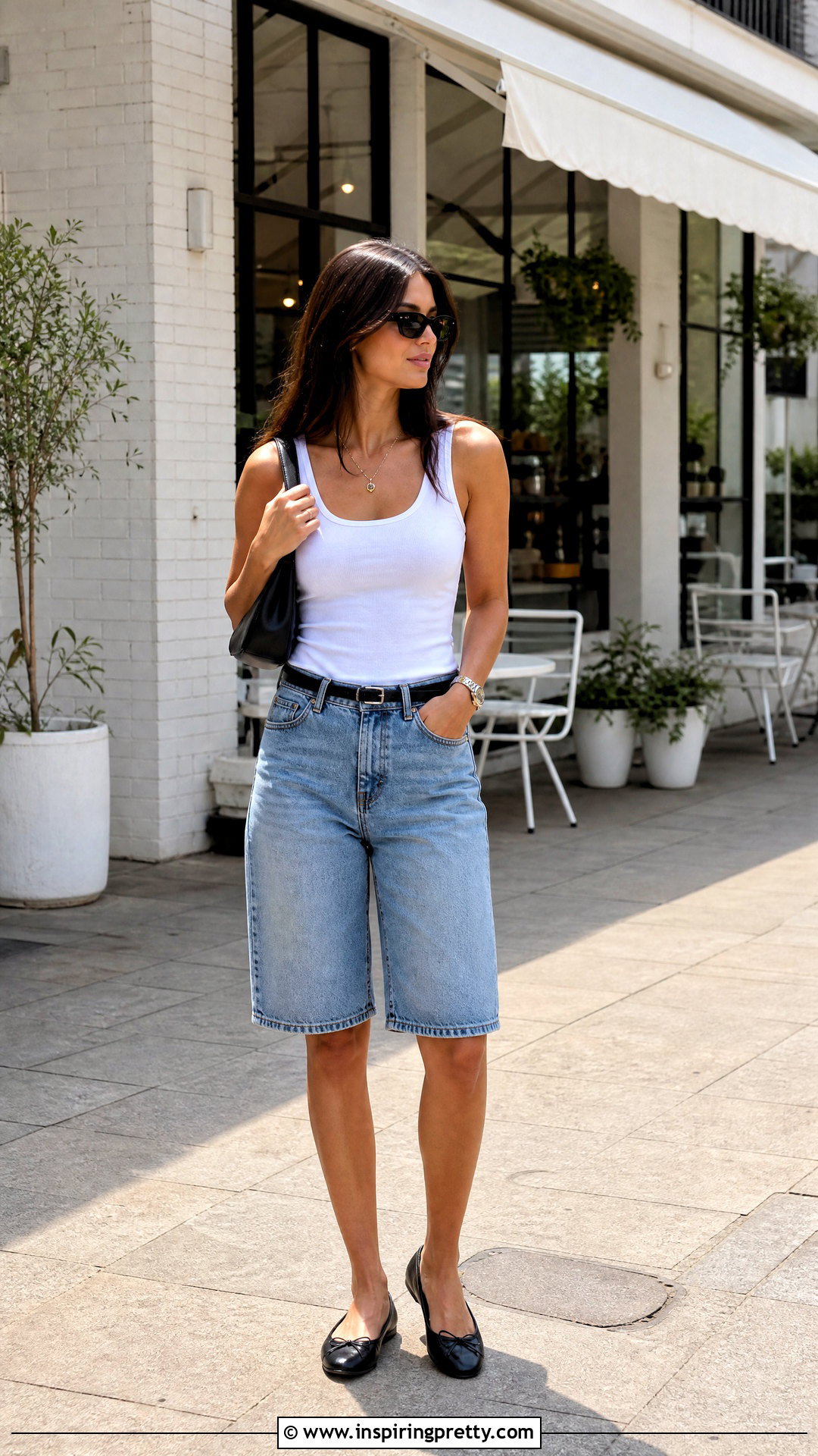 White Tank Top With Denim Bermuda Shorts - 50 white tank top outfit ideas