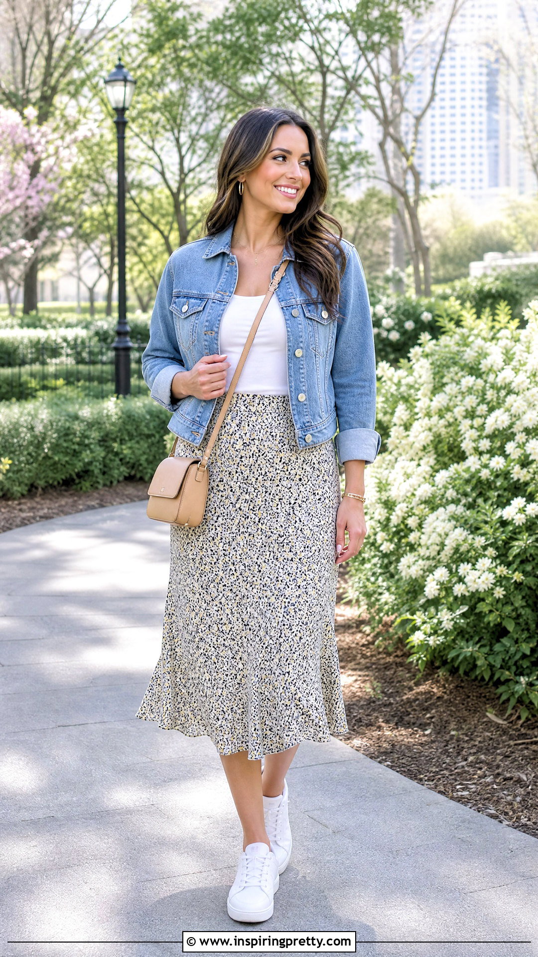 White Tank Top With Denim Jacket And Midi Skirt - 50 white tank top outfit ideas
