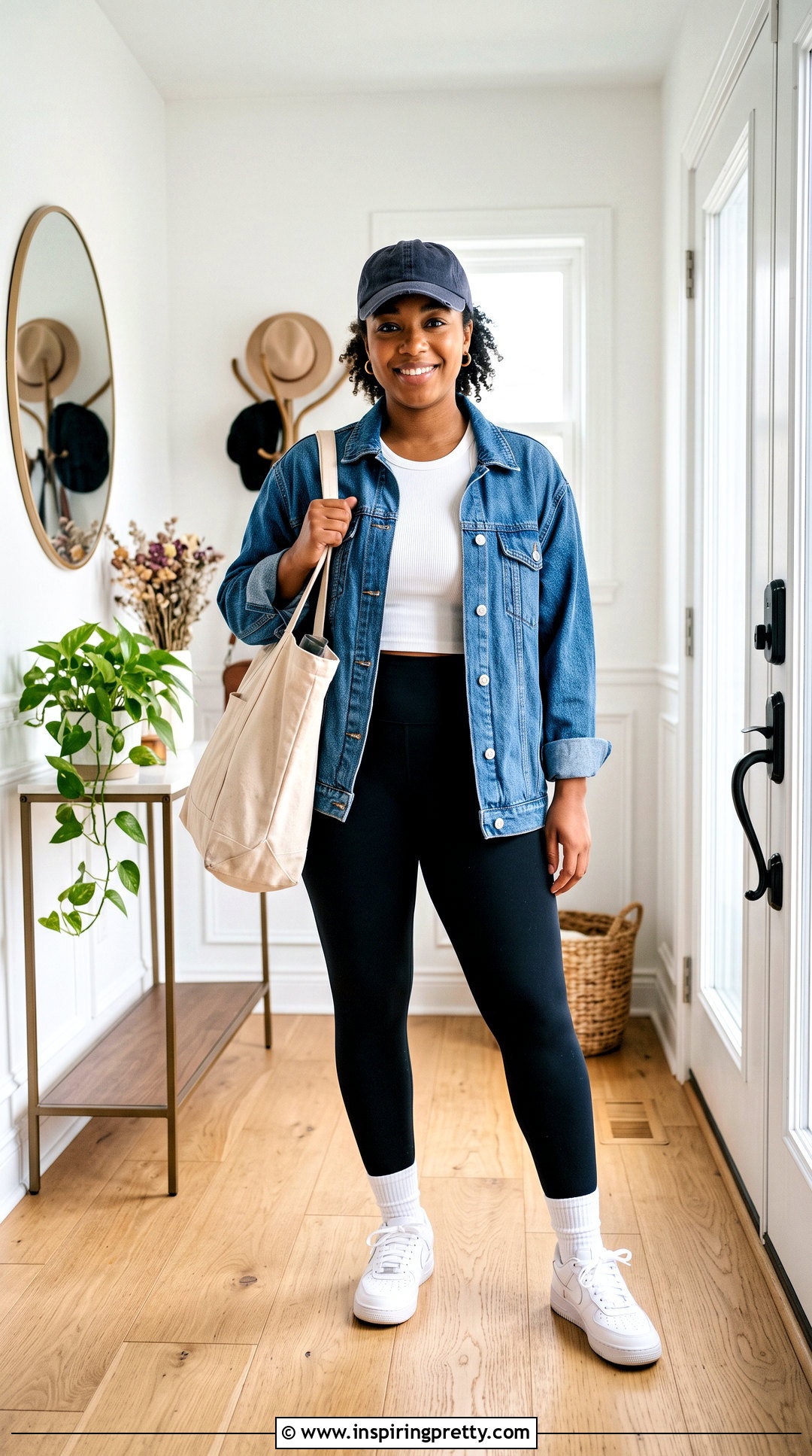 White Tank Top With Leggings And Denim Jacket - 20 White Tank Top On Wooden Floor outfit ideas