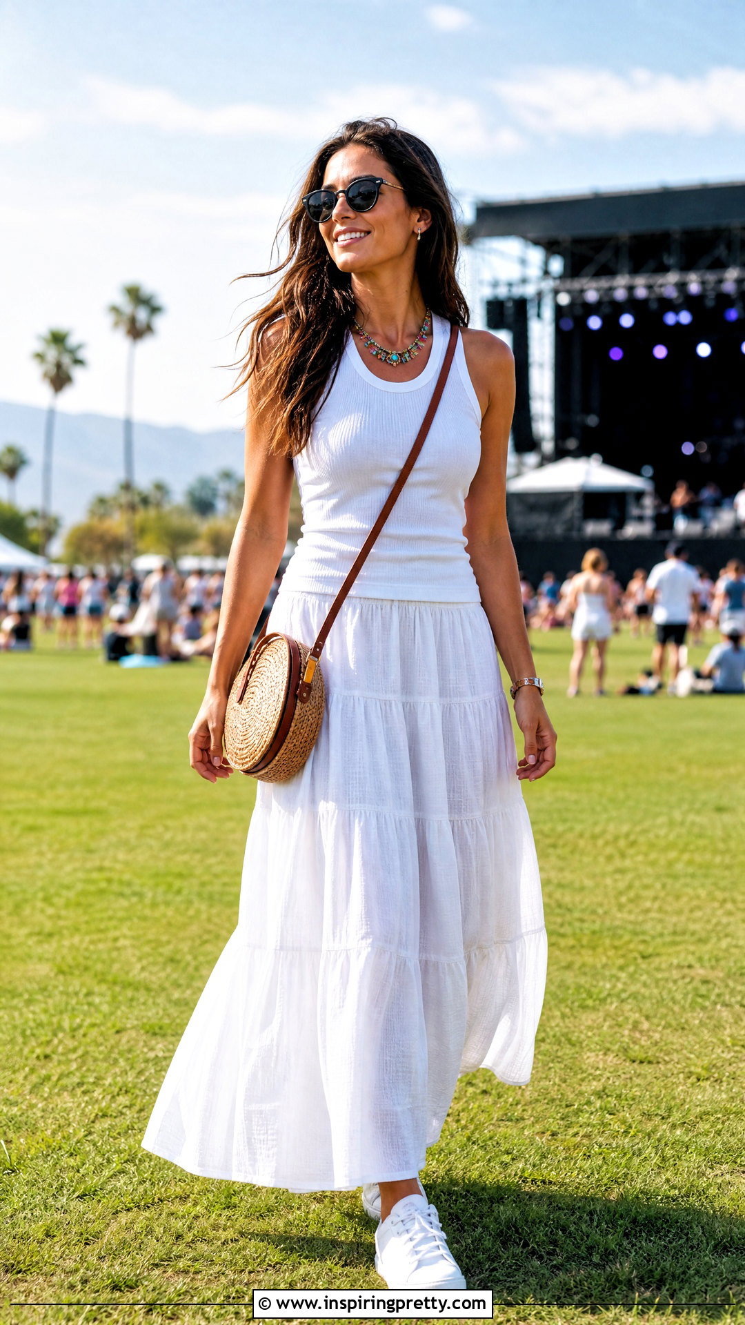 White Tank Top With Maxi Skirt Concert Outfit - 25 Concert Tops Summer Outfits