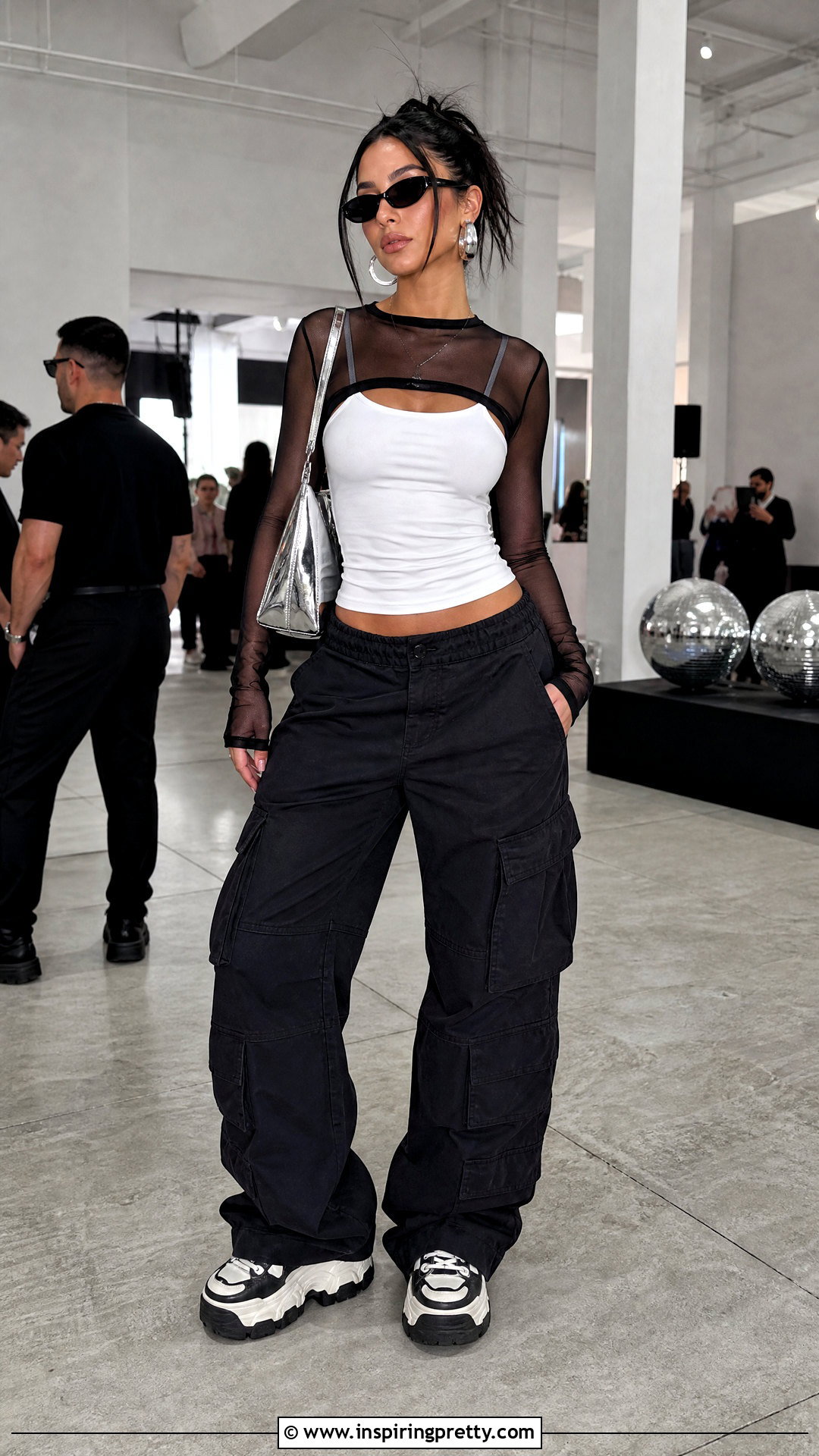 White Tank Top With Mesh Top And Cargo Pants - 25 baddie white tank top outfit ideas