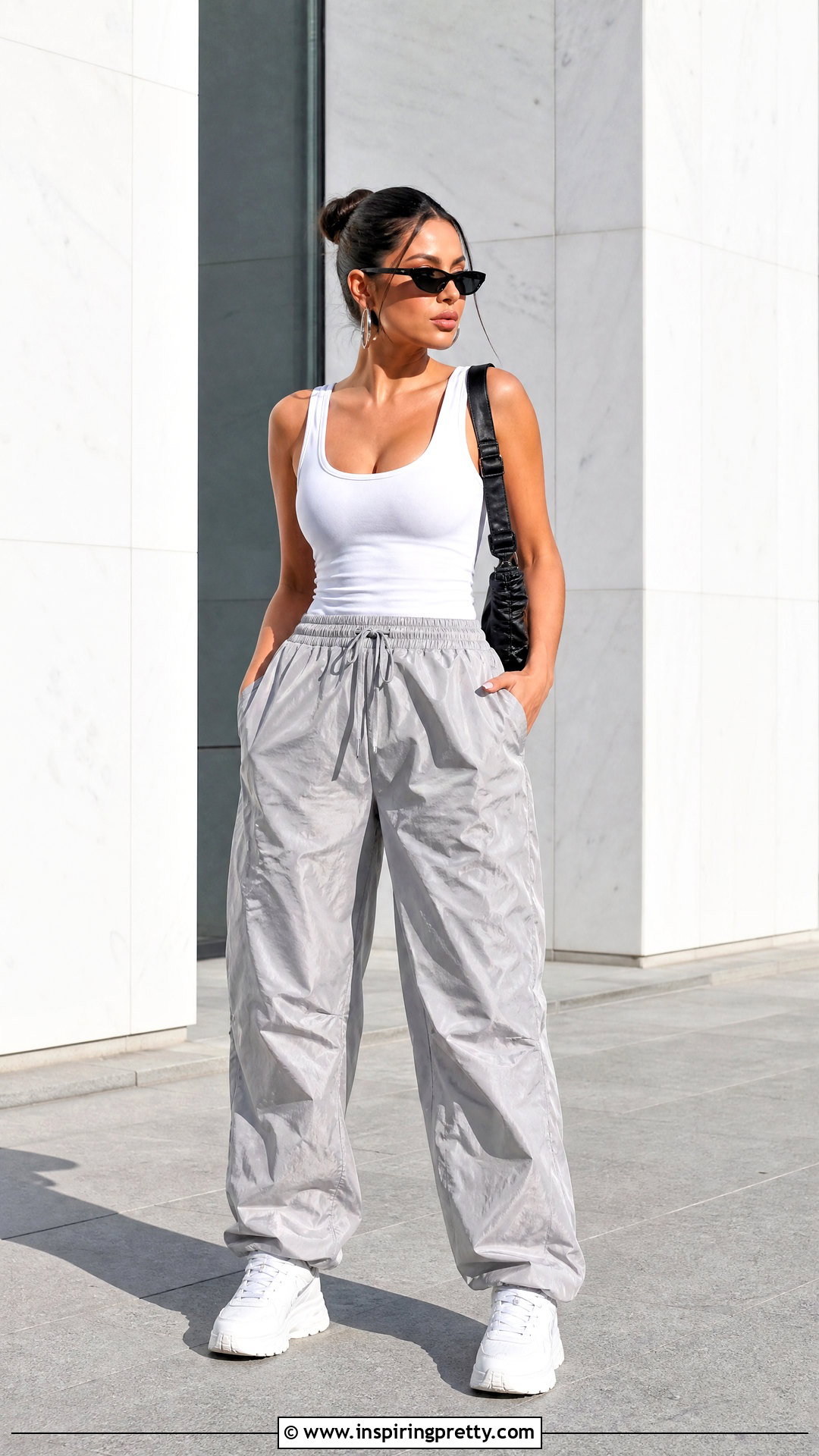 White Tank Top With Parachute Pants And Chunky Sneakers - 25 baddie white tank top outfit ideas
