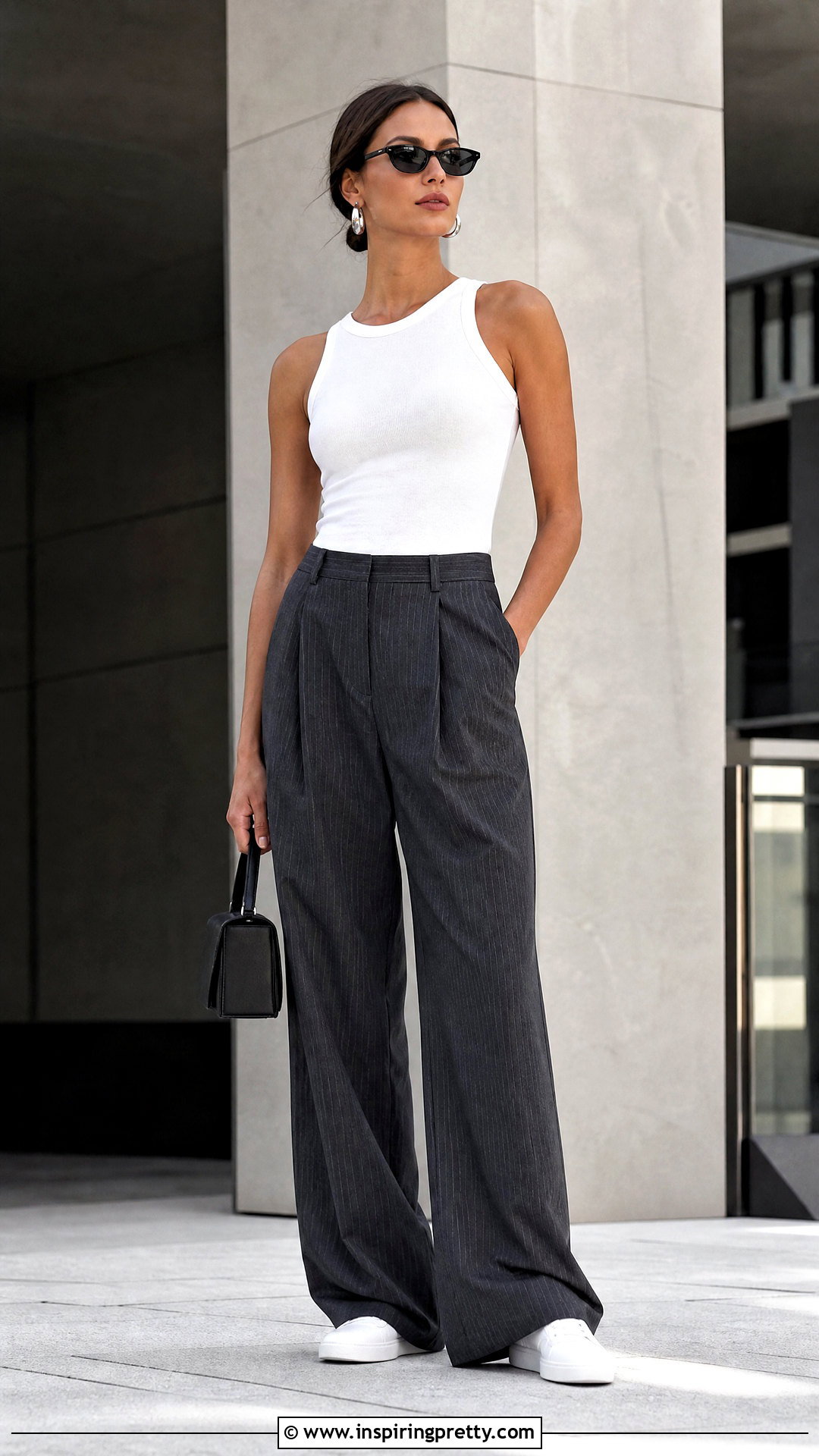 White Tank Top With Pinstripe Trousers And Sneakers - 25 baddie white tank top outfit ideas