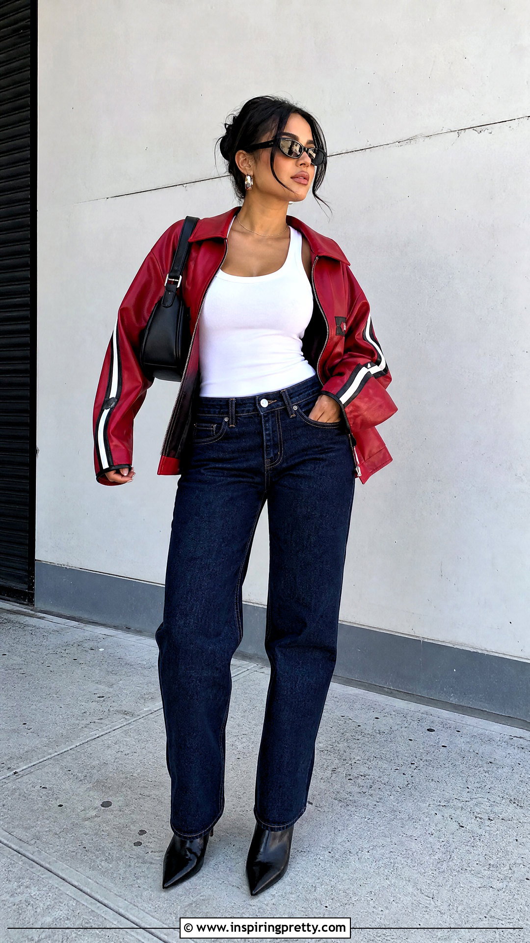 White Tank Top With Red Leather Jacket And Dark Jeans - 25 baddie white tank top outfit ideas
