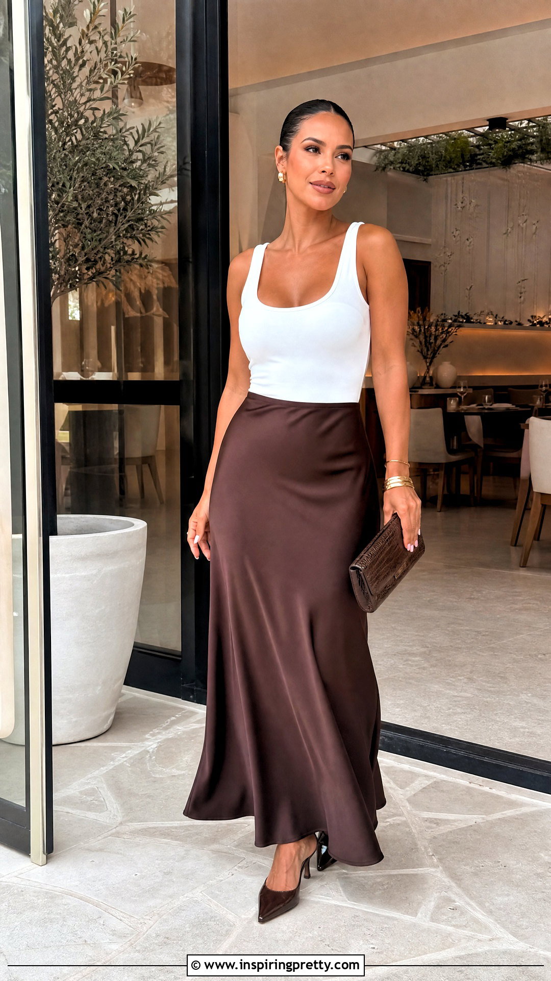 White Tank Top With Satin Maxi Skirt And Kitten Heels - 25 baddie white tank top outfit ideas