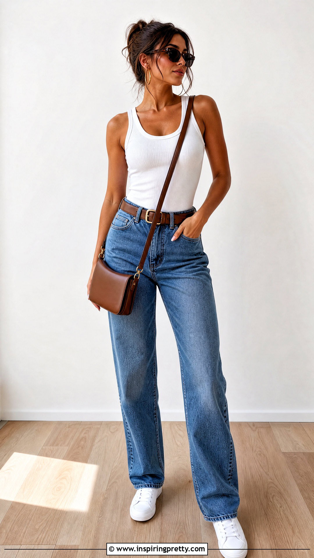White Tank Top With Straight Leg Jeans - 20 White Tank Top On Wooden Floor outfit ideas