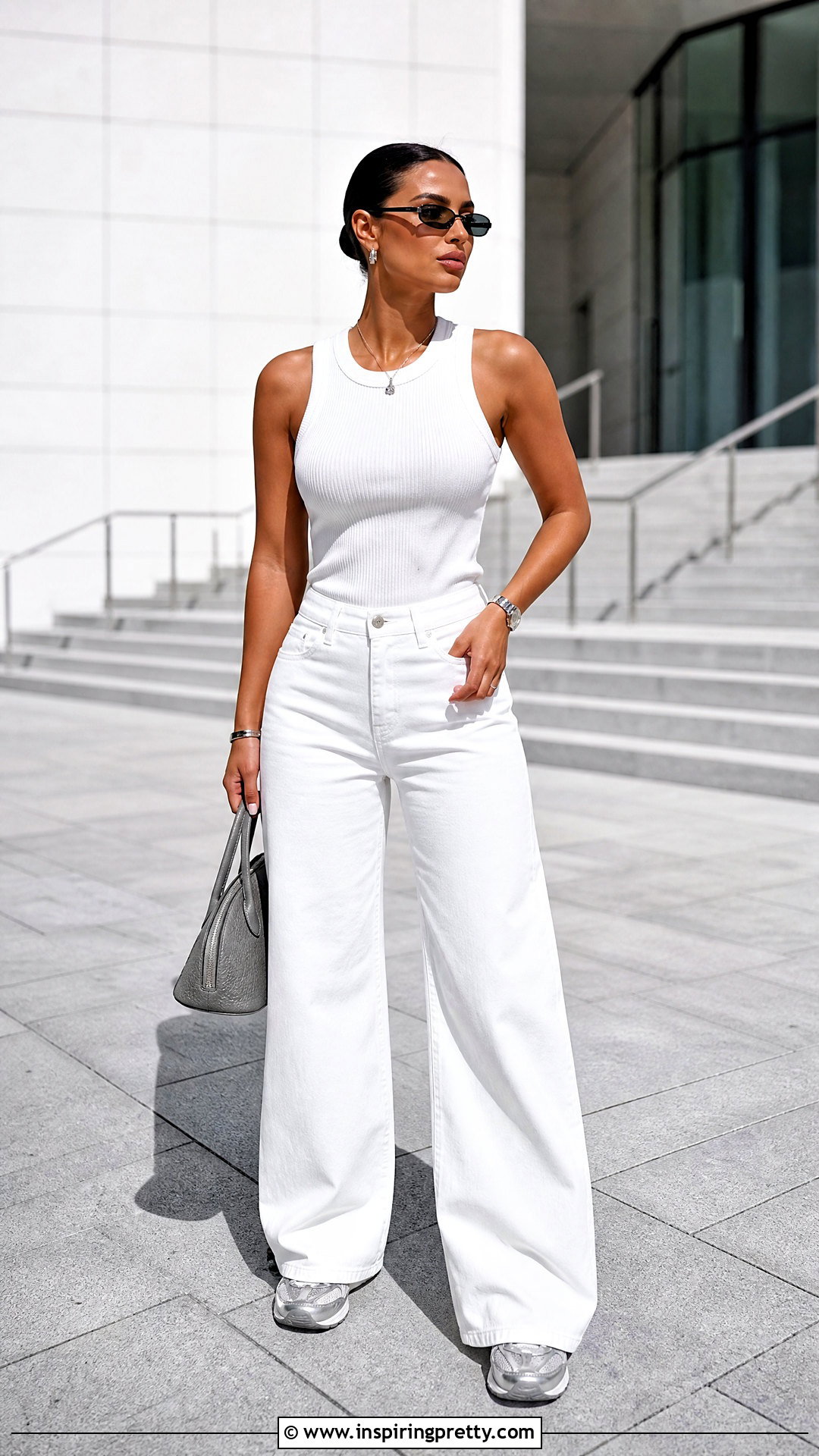 White Tank Top With White Jeans And Metallic Accessories - 25 baddie white tank top outfit ideas