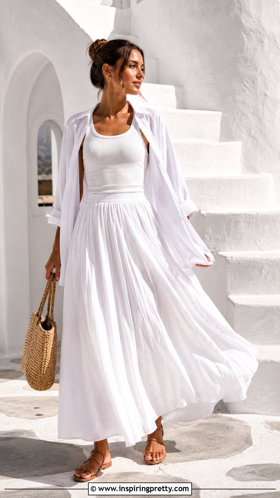 White Tank Top With White Maxi Skirt And Shirt - 20 minimalist white tank top outfit ideas