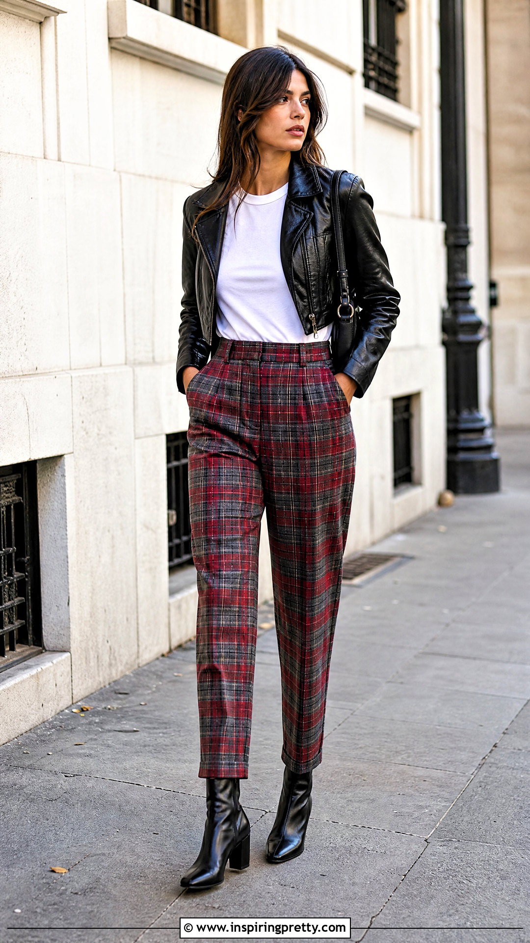 White Tee And Leather Jacket With Plaid Pants - What Top To Wear With Plaid Pants (20 Ways)