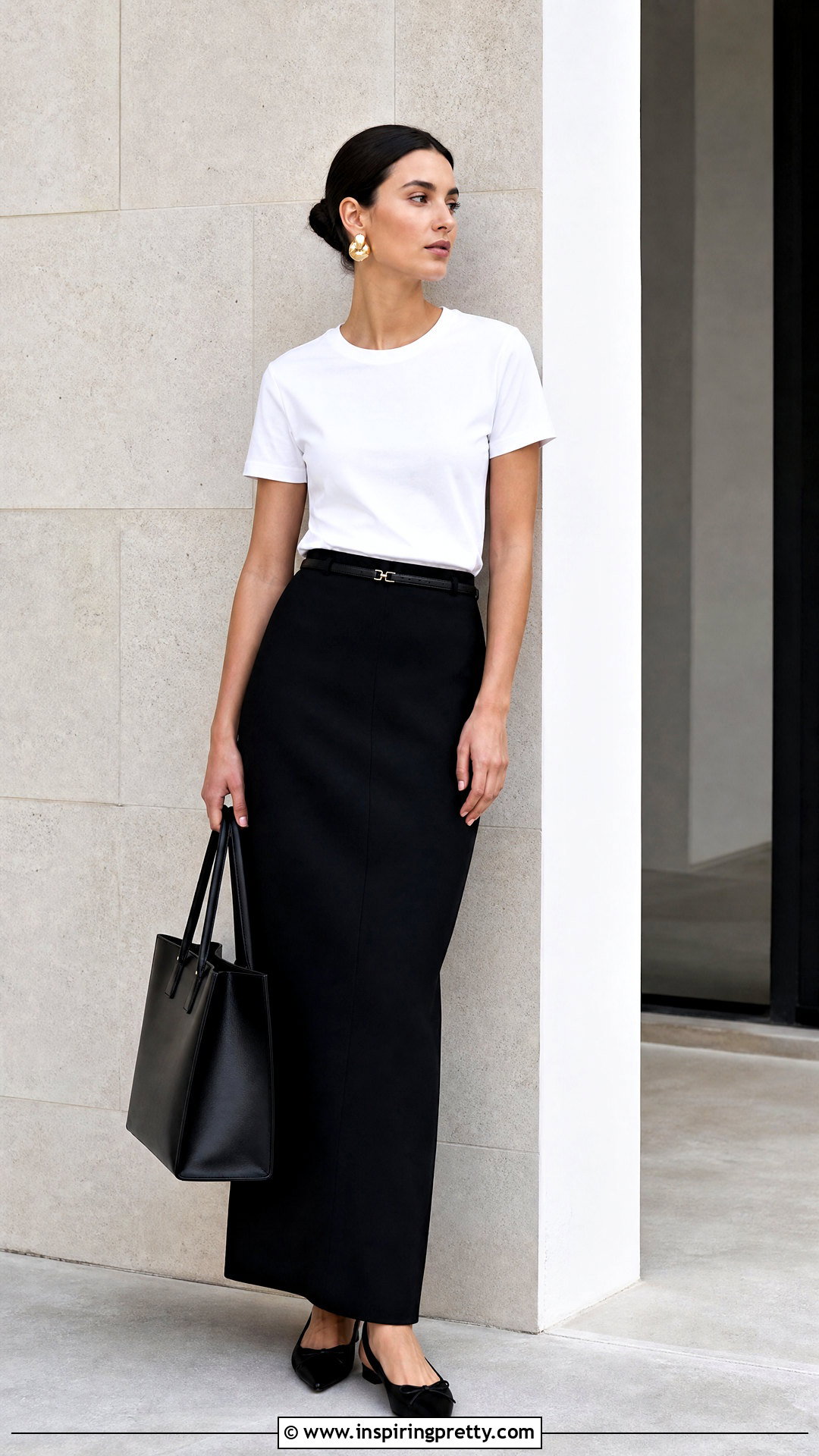 White Tee Top With Column Skirt - 50 cute tops aesthetic ideas