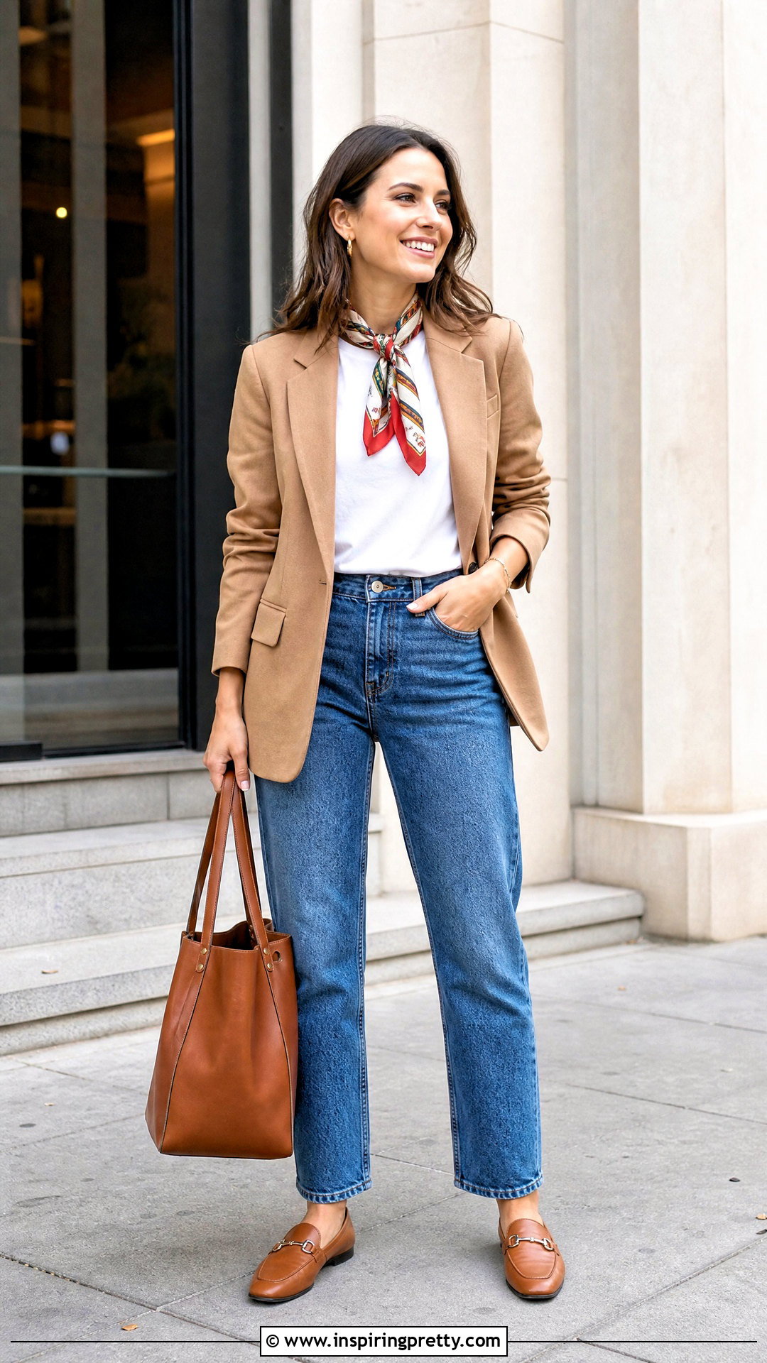 White Tee With Scarf And Blazer Outfit - 50 top with scarf outfit ideas