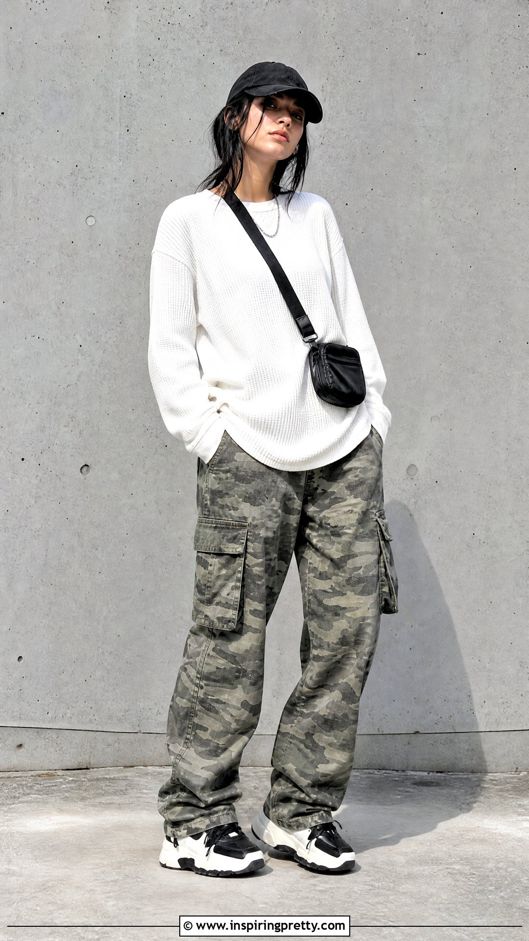 White Thermal Top With Camo Cargo Pants - 25 Billie Eilish White Top outfit ideas