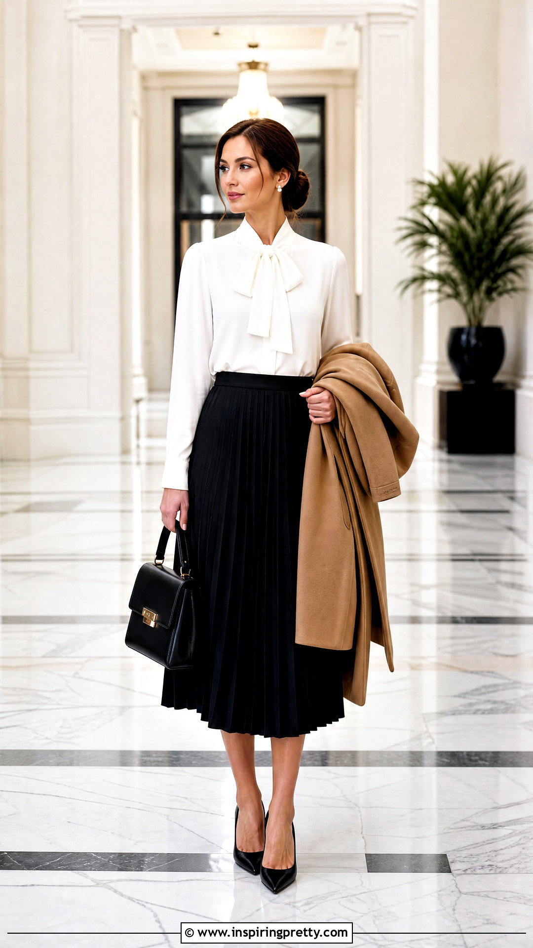 White Tie Neck Blouse With Black Midi Skirt - 50 classy white top outfits