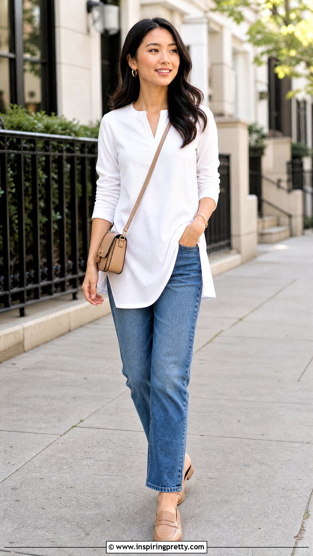 White Tiny Tunic Top With Straight Leg Jeans - 20 tiny tunic top outfit ideas
