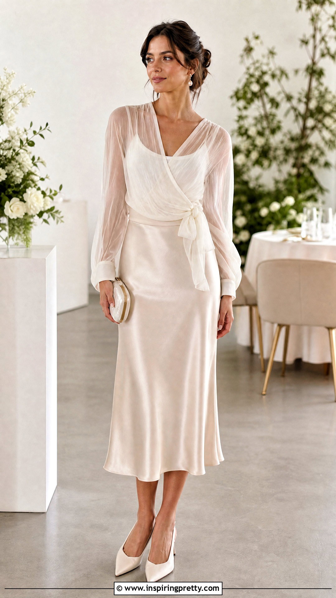 White Tulle Wrap Top With Satin Midi Skirt - 25 tulle wrap top outfit ideas